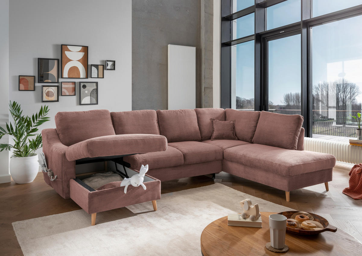 WOHNLANDSCHAFT Rosa Cord  - Naturfarben/Rosa, KONVENTIONELL, Holz/Textil (150/301/200cm) - P & B