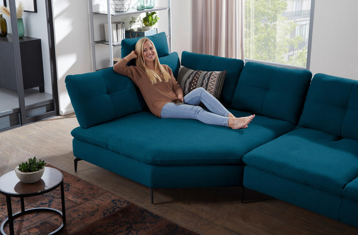 ECKSOFA in Flachgewebe Dunkelblau  - Schwarz/Dunkelblau, Design, Textil/Metall (157/344cm) - Chilliano