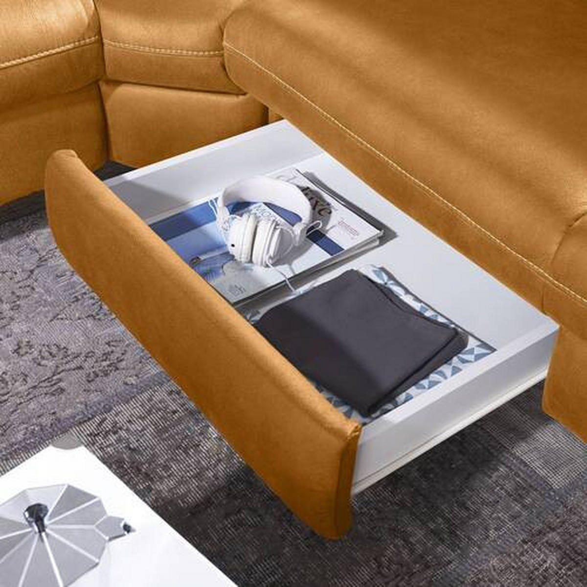 ECKSOFA in Webstoff Bernsteinfarben  - Beige/Bernsteinfarben, Design, Textil/Metall (271/239cm) - Cantus