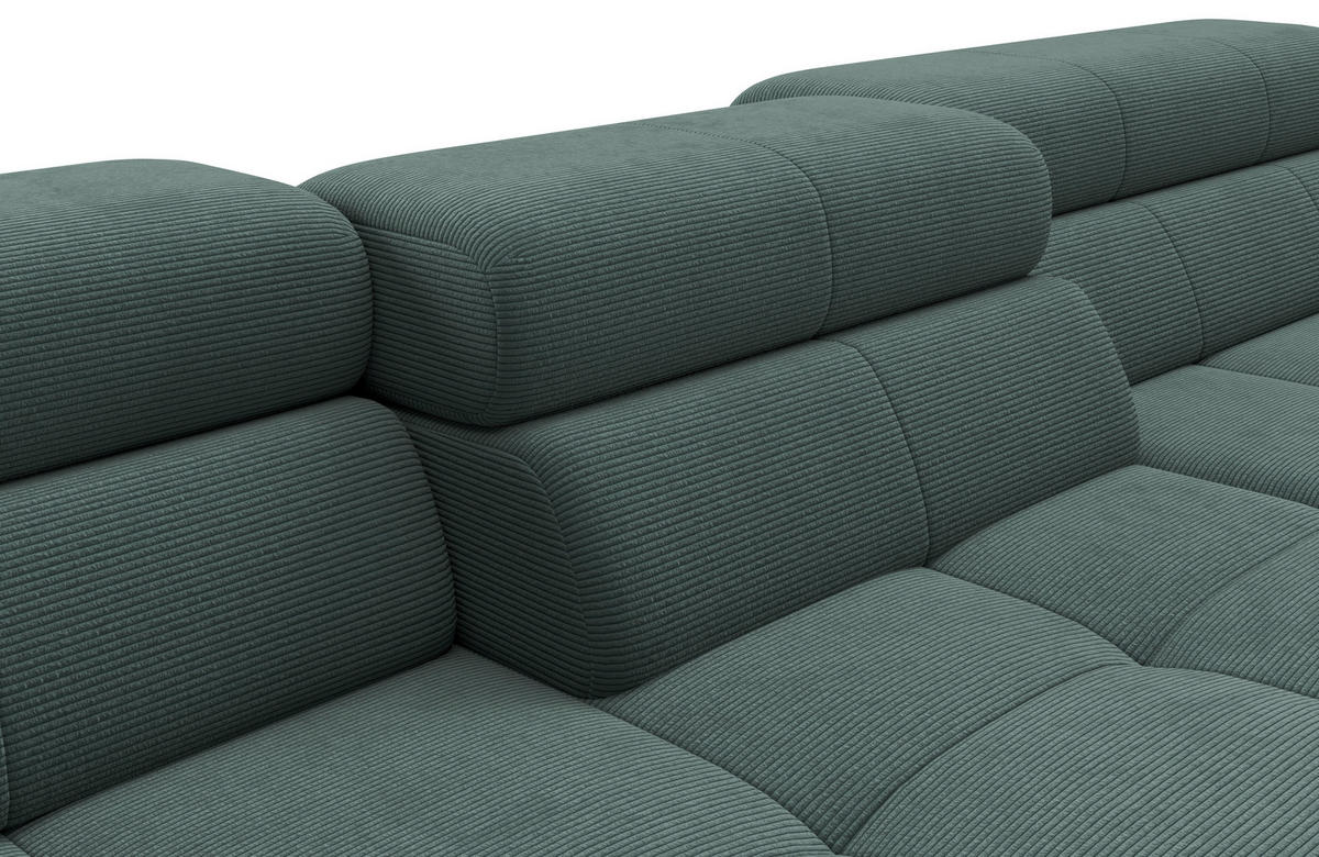 ECKSOFA Grün Feincord Rücken echt, Kopfteilverstellung, Sitztiefenverstellung  - Schwarz/Grün, KONVENTIONELL, Textil/Metall (293/226cm) - Hom`in