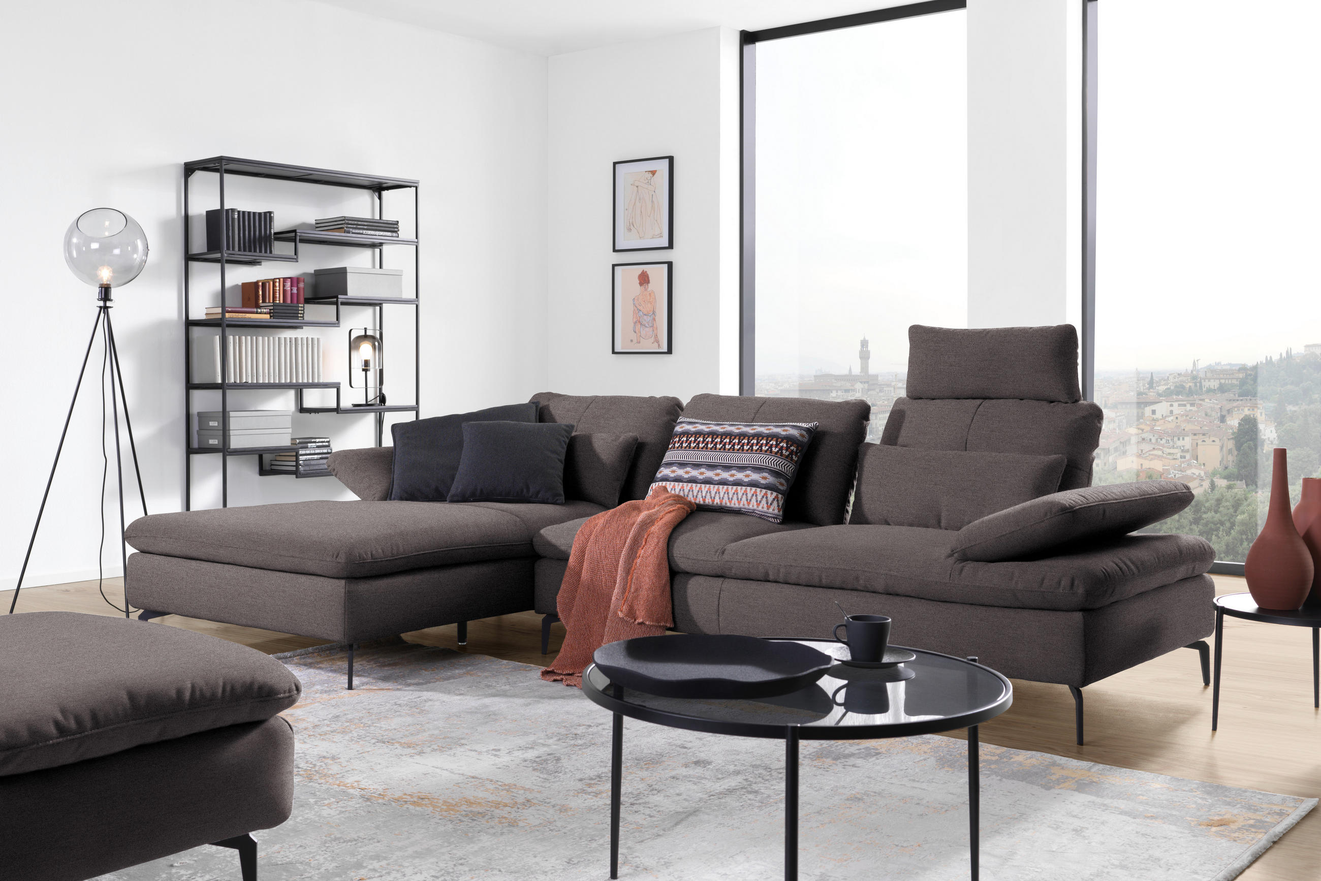 ECKSOFA in Webstoff Graphitfarben  179/301 cm  - Schwarz/Graphitfarben, Design, Textil/Metall (179/301cm) - Chilliano