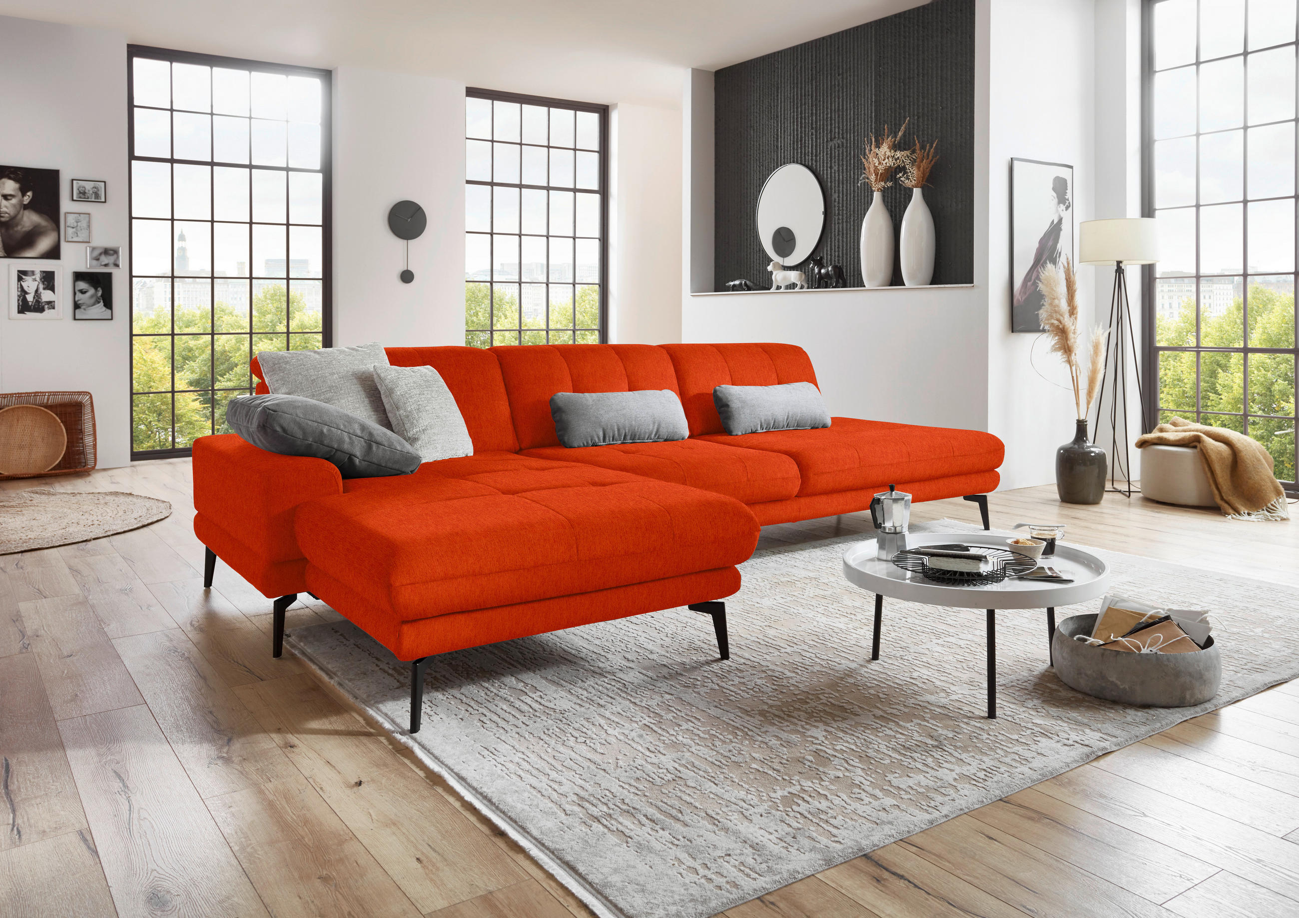 ECKSOFA in Flachgewebe Orange  190/309 cm  - Schwarz/Orange, Design, Textil/Metall (190/309cm) - Beldomo Style