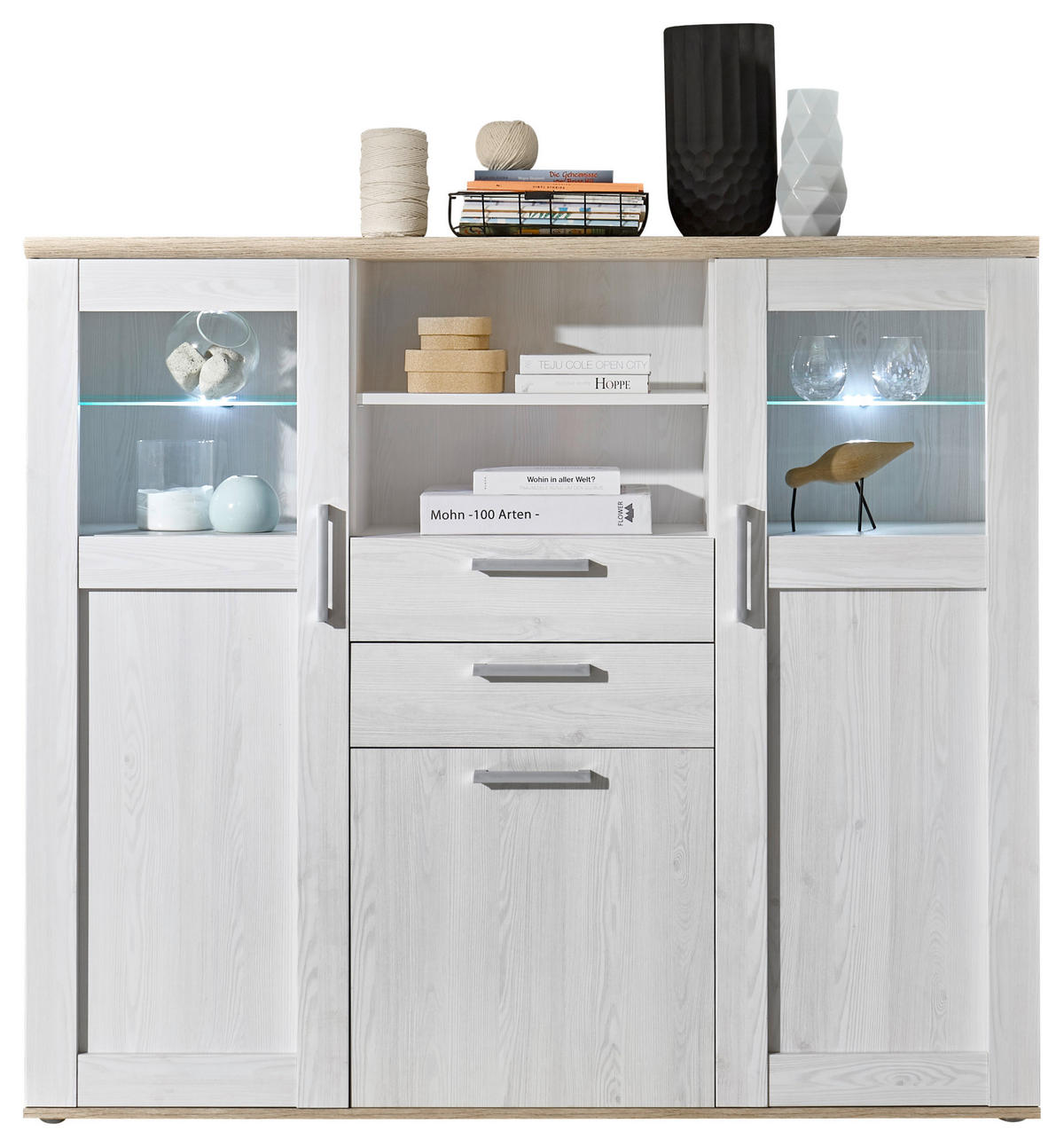 COMODĂ ÎNALTĂ 157/137/38 cm  - argintiu/stejar San Remo, Lifestyle, plastic/sticlă (157/137/38cm) - MID.YOU