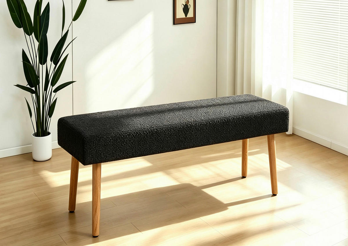 SITZBANK 98/42/40 cm Fleece Schwarz, Eichefarben Eiche massiv  - Eichefarben/Schwarz, KONVENTIONELL, Holz/Textil (98/42/40cm) - VanDerken