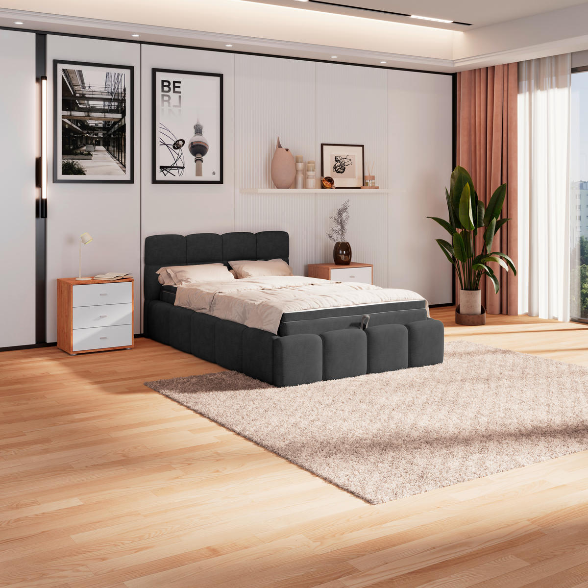 POLSTERBETT  in Schwarz, Matratze, Bettkasten, H3 = fest  - Schwarz, Trend, Kunststoff/Textil (140/200cm)