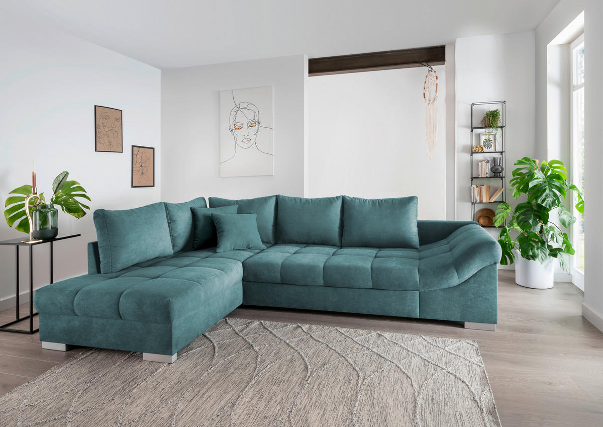 ECKSCHLAFSOFA Petrol Mikrofaser  - Silberfarben/Petrol, Design, Holz/Textil (202/298cm) - MID.YOU