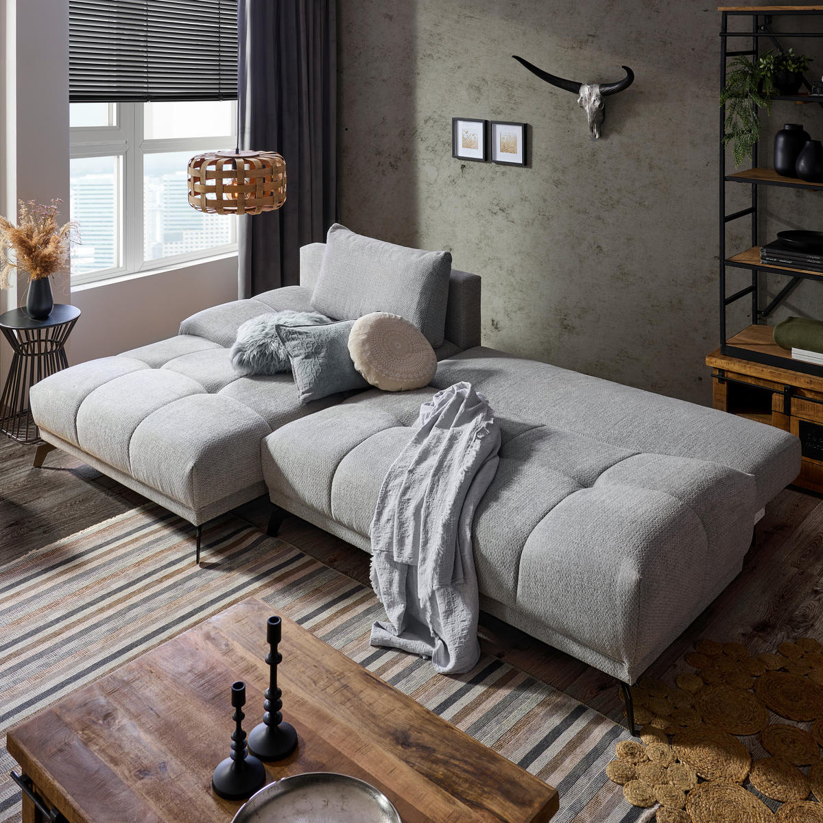 ECKSOFA in Chenille Grau  - Schwarz/Grau, Modern, Textil/Metall (182/290cm) - Hom`in