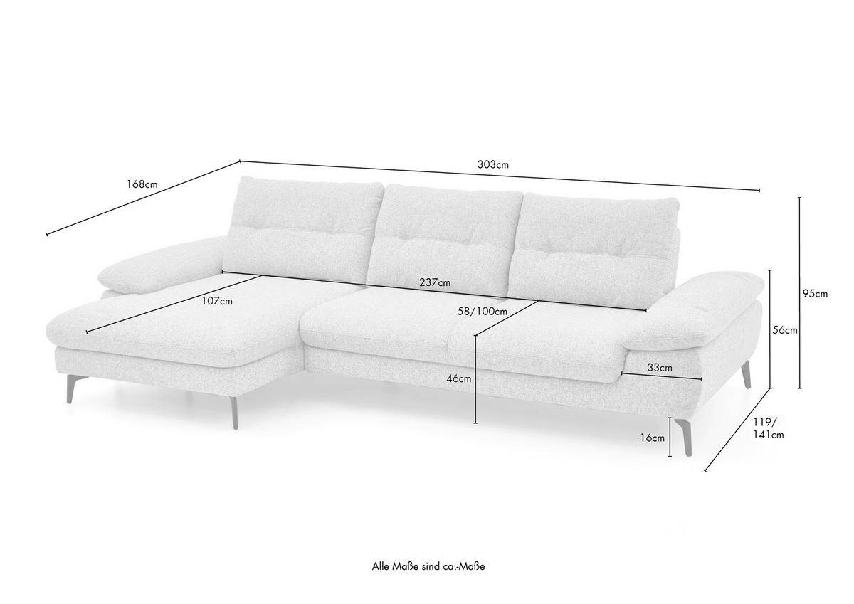 ECKSOFA Hellgrau Flachgewebe  - Hellgrau/Schwarz, Design, Textil/Metall (168/303cm) - Valdera