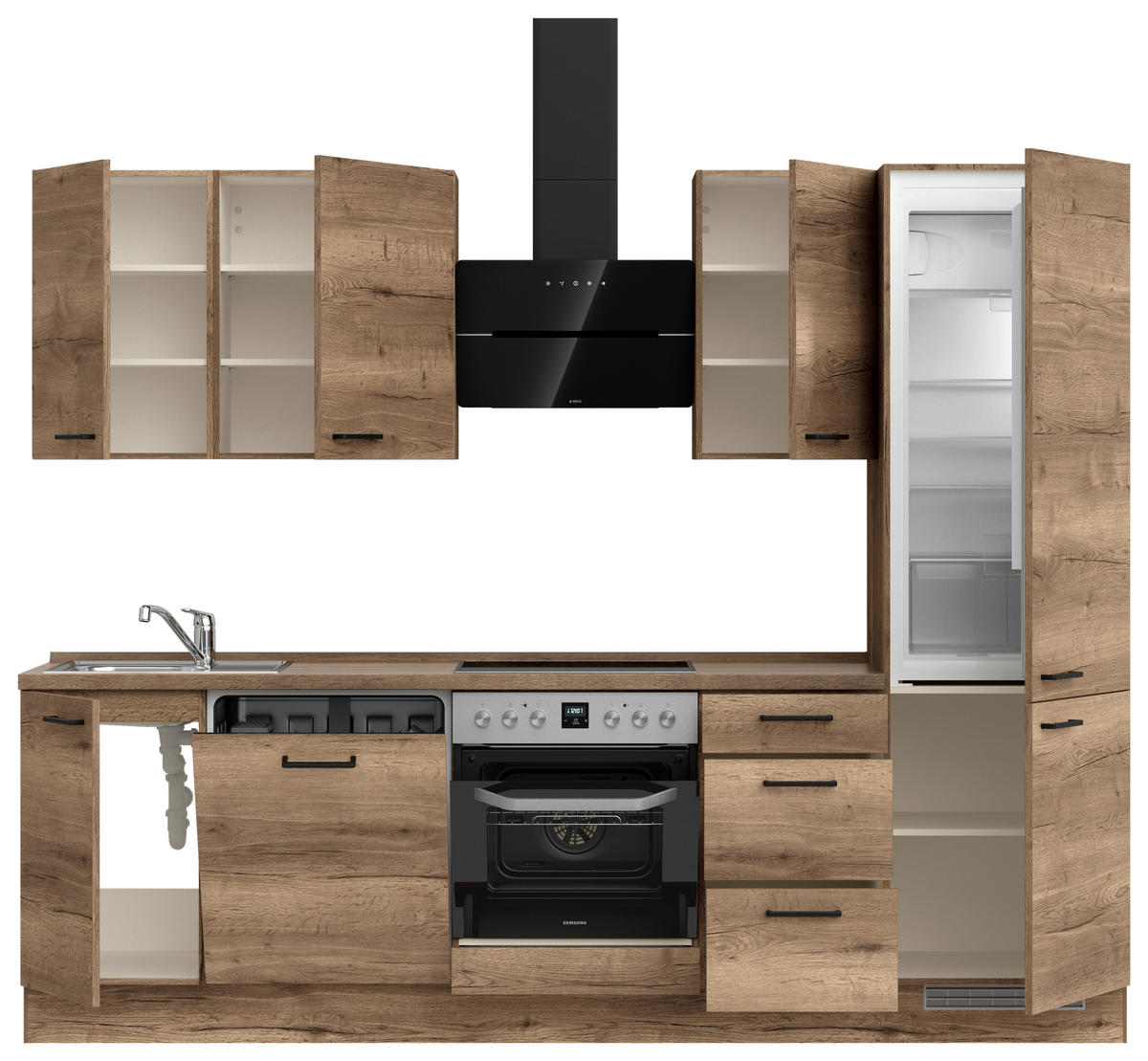 BUCĂTĂRIE FĂRĂ ELECTROCASNICE  - stejar închis la culoare/negru, Modern, metal/material pe bază de lemn (270cm) - Nobilia