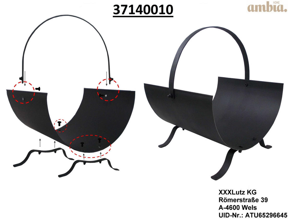 KAMINKORB   Metall  - Schwarz, Basics, Metall (37/31/40cm) - Ambia Home