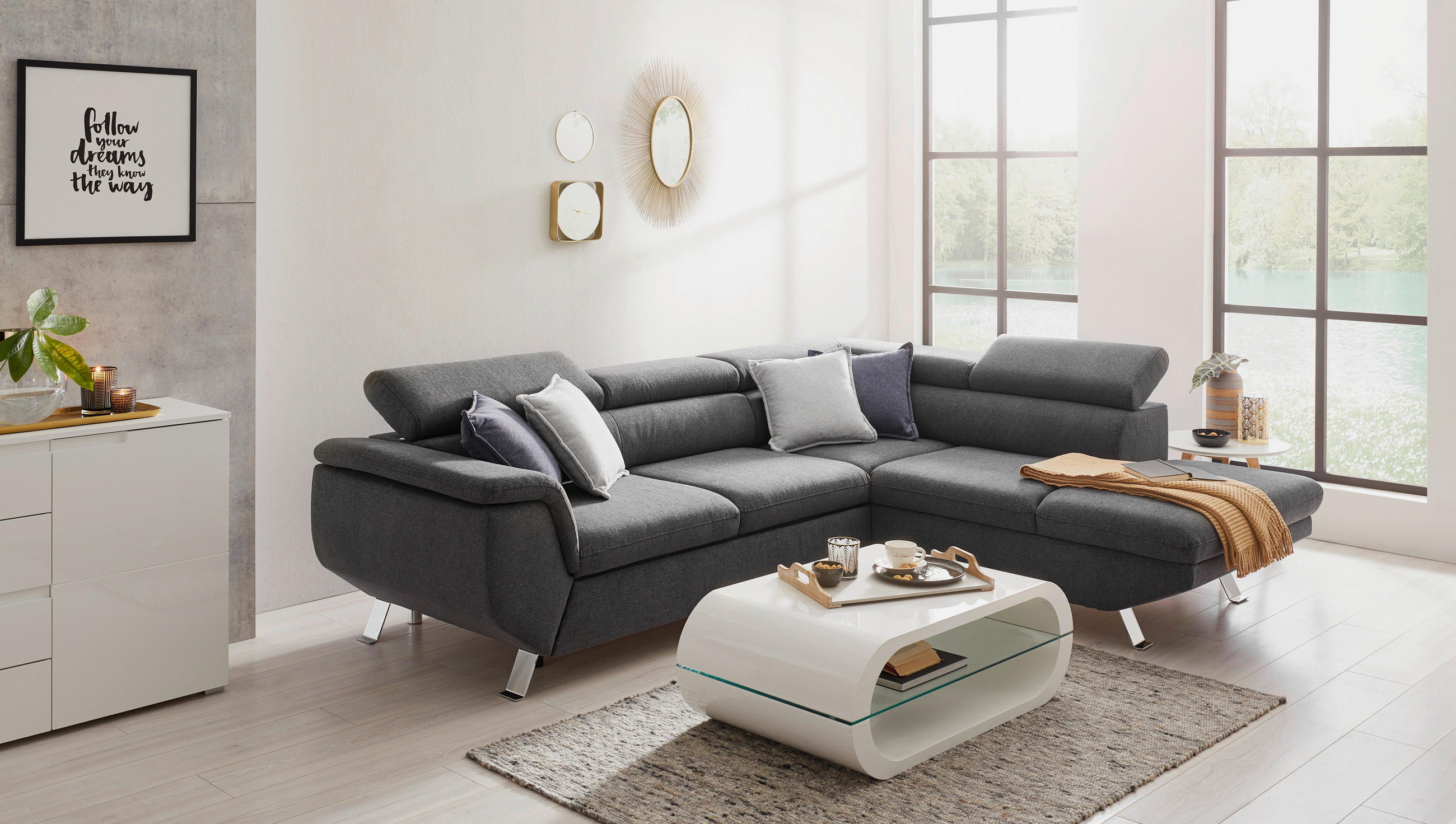 SOFFA i textil mörkgrå - mörkgrå/kromfärg, Design, metall/textil (220/340/174cm) - Welnova