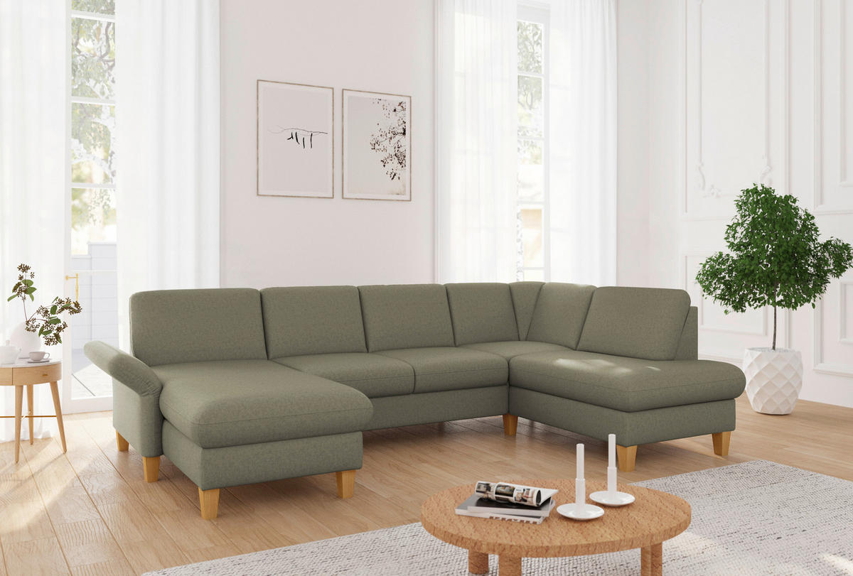 WOHNLANDSCHAFT ROCHELLE E Olivgrün Flachgewebe  - Eichefarben/Olivgrün, KONVENTIONELL, Holz/Textil (164/314/195cm) - Sit & More