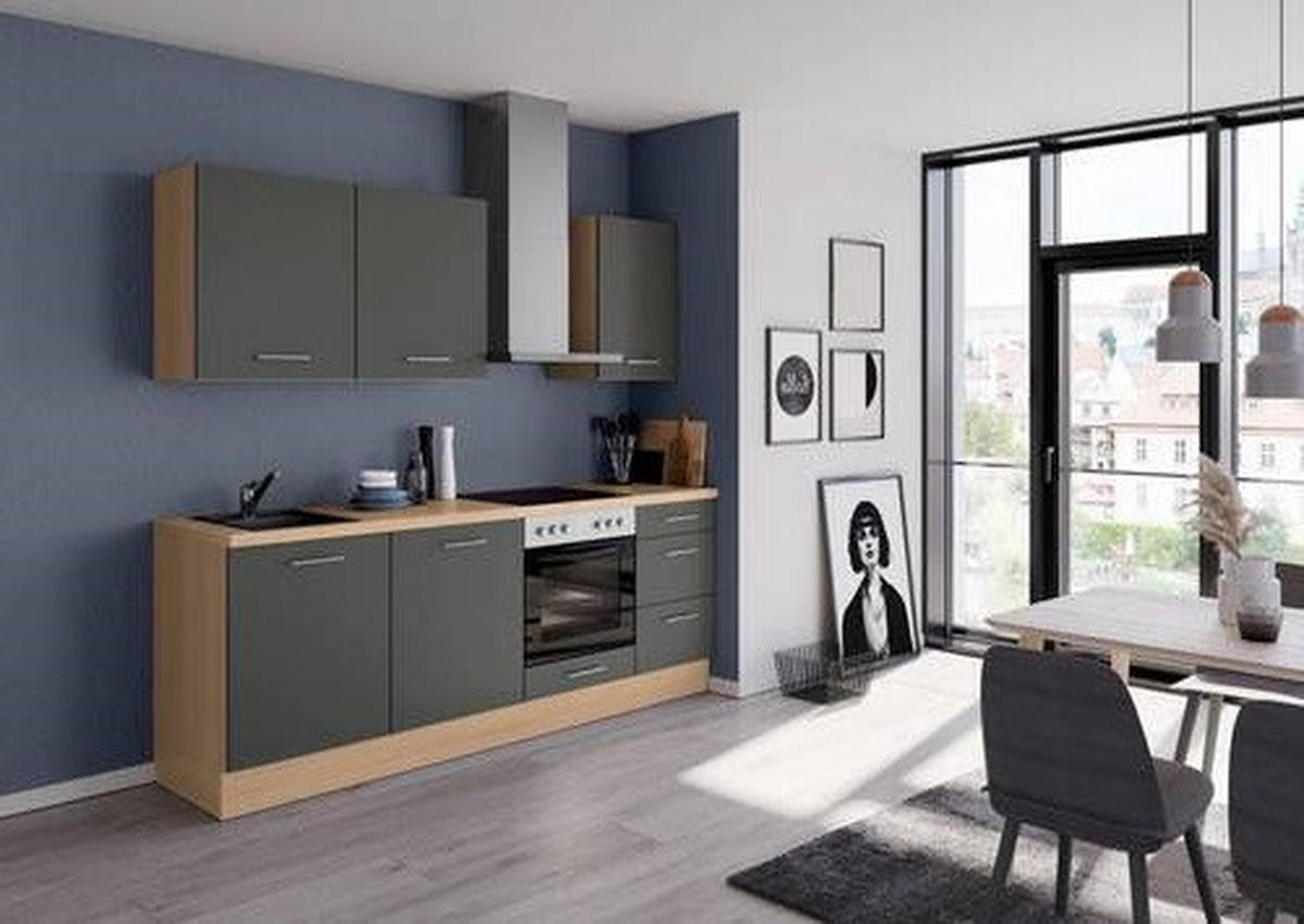 KÜCHENBLOCK 230 cm   in Dunkelgrau, Eichefarben  - Edelstahlfarben/Eichefarben, Design, Holzwerkstoff/Metall (230cm) - Impuls