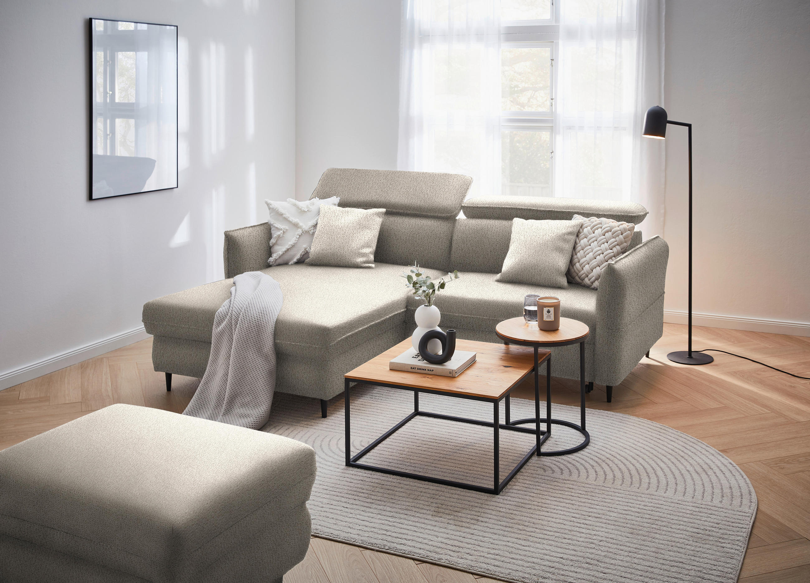 ECKSOFA in Flachgewebe Beige  - Beige/Schwarz, Design, Holz/Textil (185/232cm) - Stylife