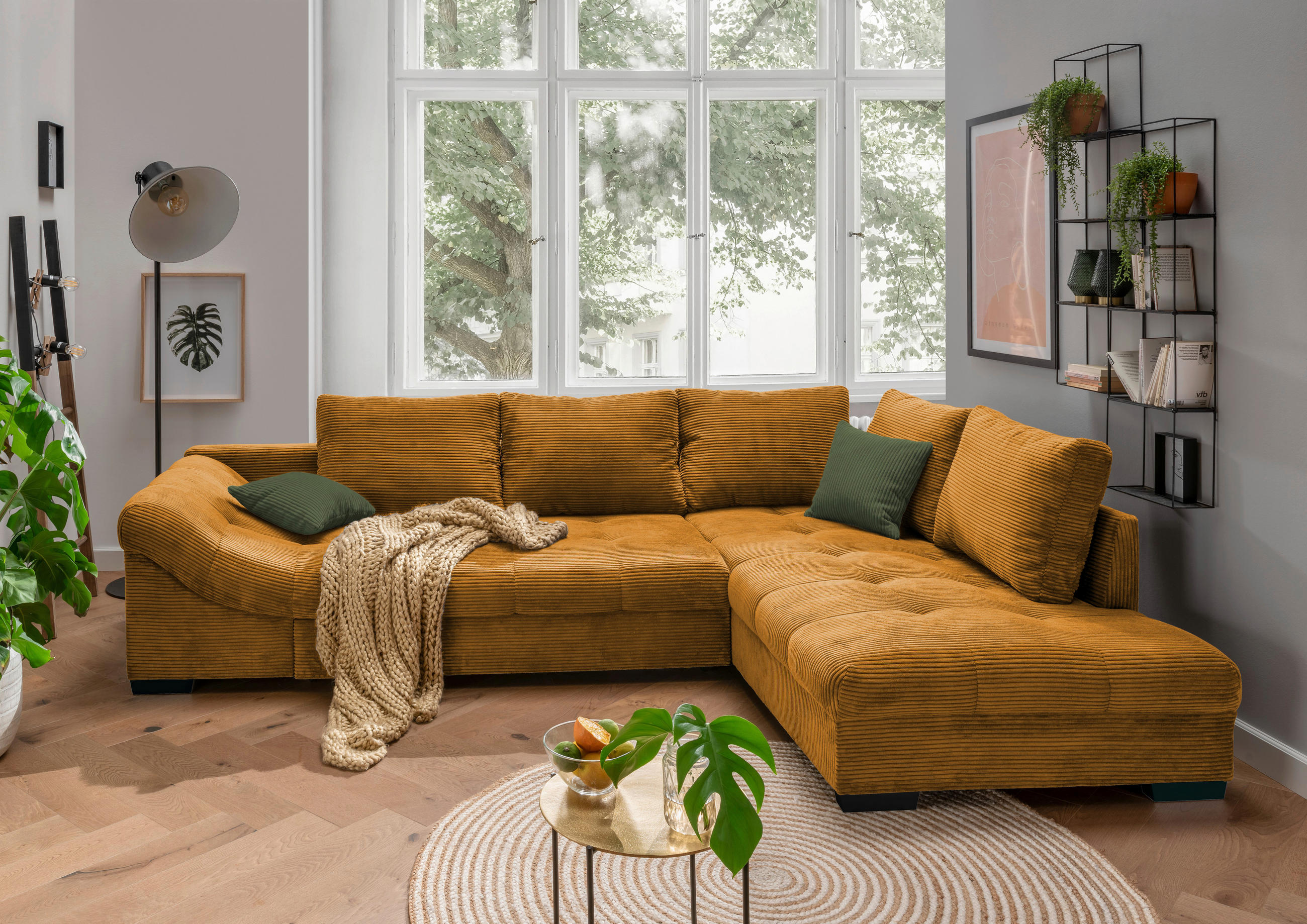 ECKSOFA Cognac Cord  - Dunkelgrün/Cognac, Design, Holz/Textil (298/202cm) - MID.YOU