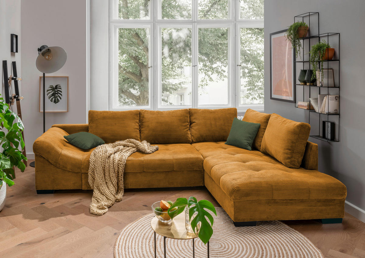 KUTNA GARNITURA tekstil  konjak   - tamno zelena/konjak, Design, tekstil/drvo (298/202cm) - MID.YOU
