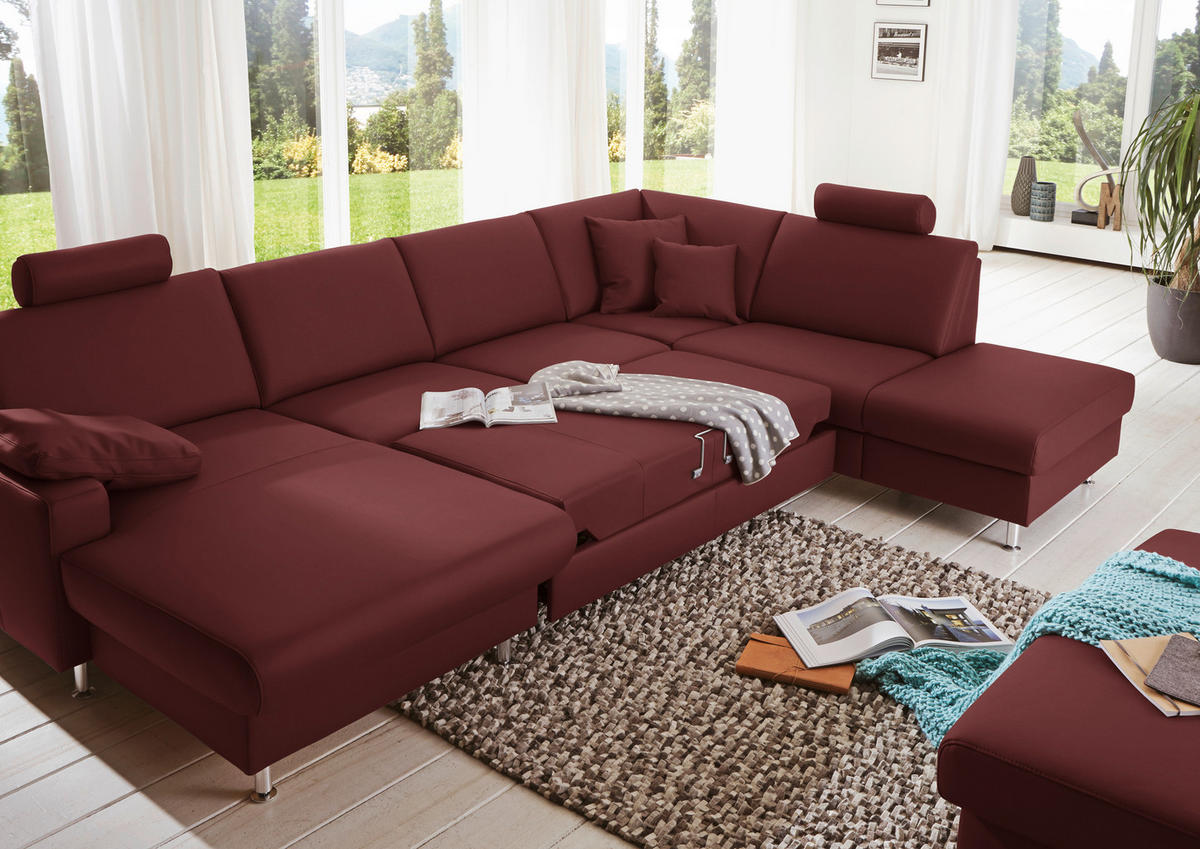 WOHNLANDSCHAFT in Echtleder Brombeere  - Brombeere/Alufarben, Design, Leder/Metall (165/339/233cm) - Beldomo Premium