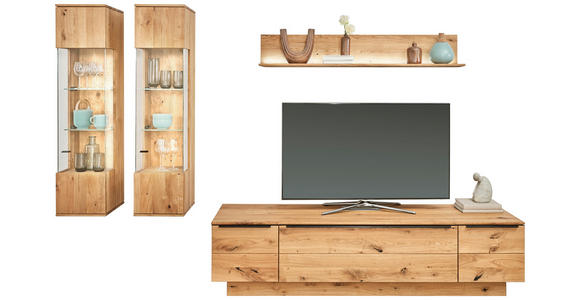 WOHNWAND  in Eichefarben  320/200,8/53,7 cm  - Eichefarben/Schwarz, Natur, Glas/Holz (320/200,8/53,7cm) - Valnatura