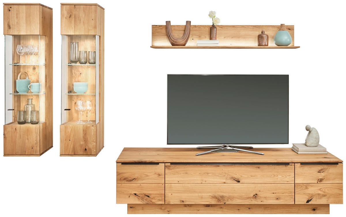 WOHNWAND  in Eichefarben  320/200,8/53,7 cm  - Eichefarben/Schwarz, Natur, Glas/Holz (320/200,8/53,7cm) - Valnatura