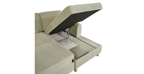 ECKSOFA Hellgrün Flachgewebe Bettkasten, Schlaffunktion, Rücken echt, Kopfstütze, Liegefläche im Originalstoff  - Buchefarben/Hellgrün, KONVENTIONELL, Holz/Textil (241/166cm) - Carryhome