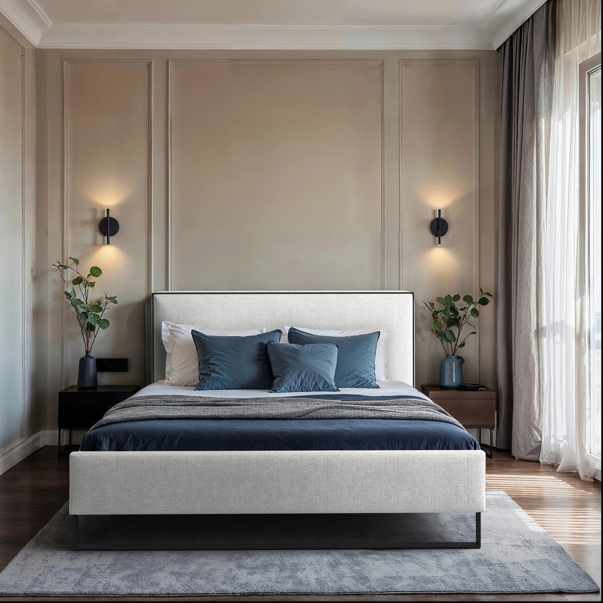 POLSTERBETT 140/200 cm,  in Naturfarben, gepolstertes Kopfteil, Lattenrost, Bettkasten,  - Schwarz/Naturfarben, MODERN, Holz/Holzwerkstoff (140/200cm) - MID.YOU