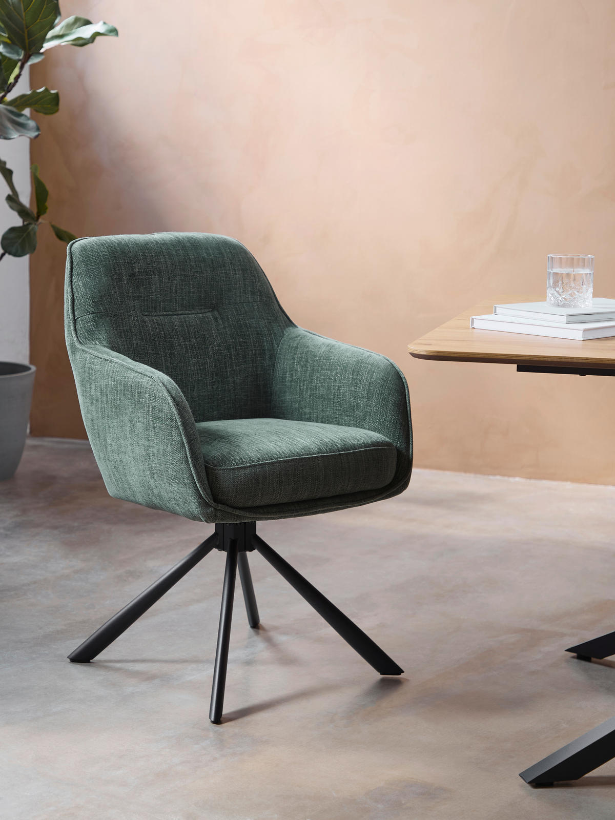 ARMLEHNSTUHL-SET 2 Stück Sitzfläche 360° drehbar, automatische Rückholfunktion, gepolsterte Armlehnen Chenille  - Waldgrün/Schwarz, MODERN, Textil/Metall (59/87/65cm) - Livetastic