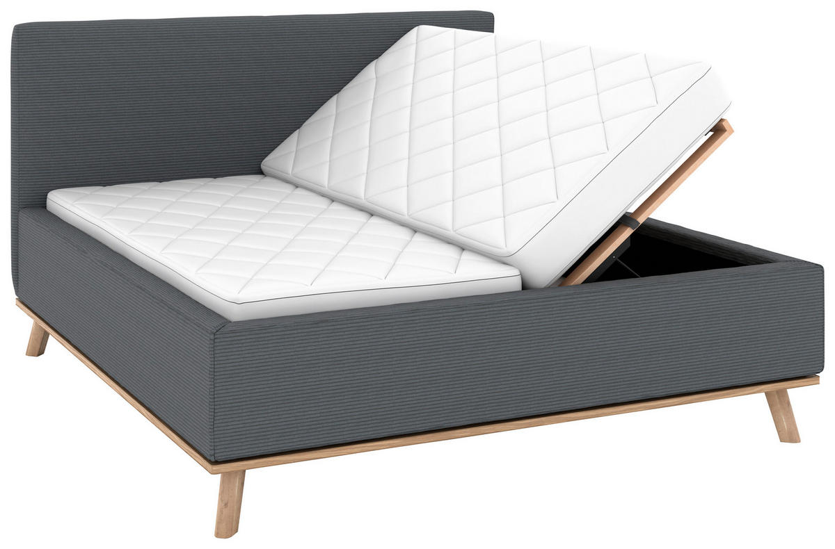 POLSTERBETT 180/200 cm,  in Grau, Matratze, Lattenrost, Bettkasten, unterschiedliche Matratzenhärtegrade je Bettseite, H2 + H3 = mittel + fest  - Eichefarben/Weiß, Design, Holz/Textil (180/200cm) - Musterring