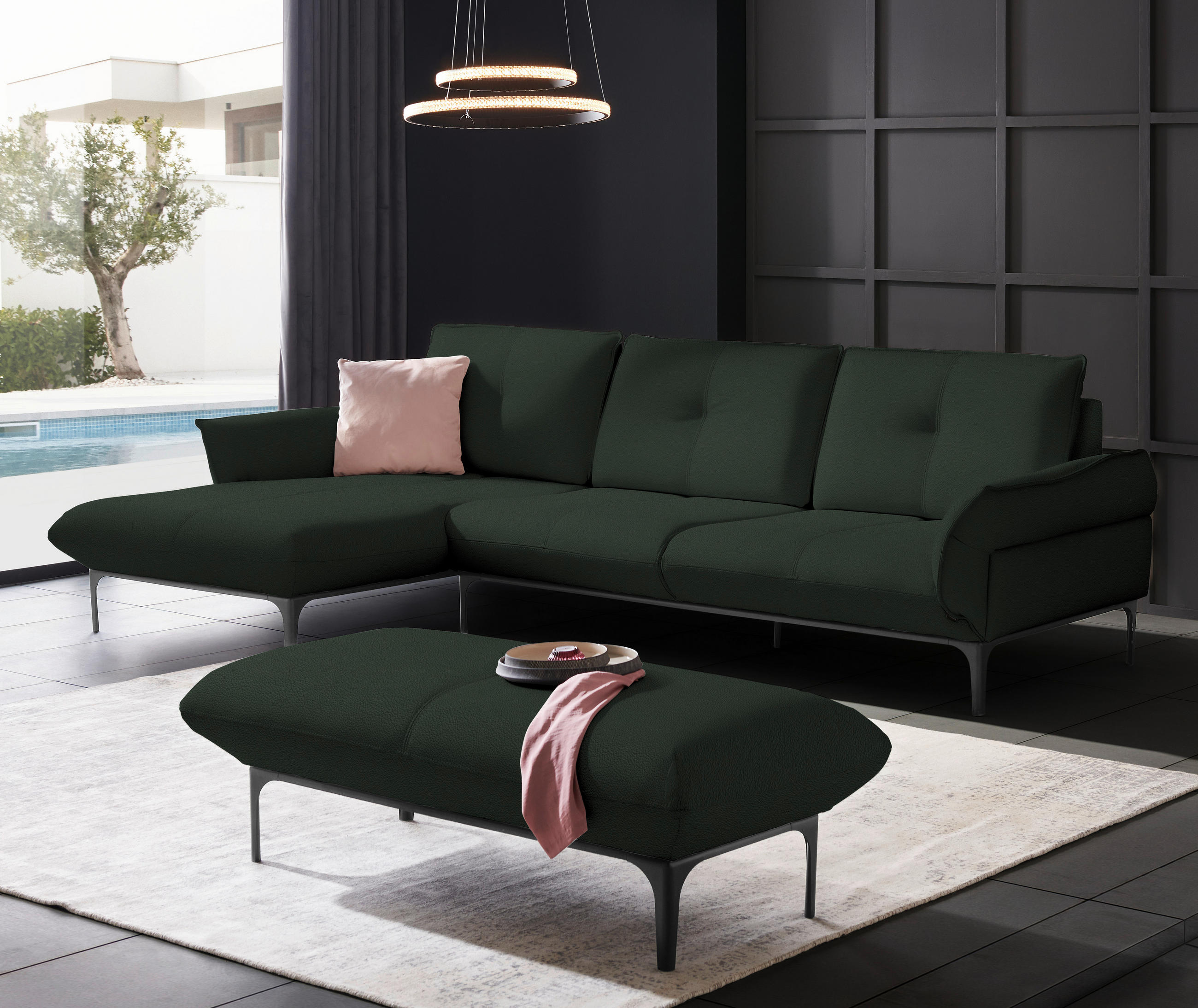 ECKSOFA in Echtleder Dunkelgrün  - Dunkelgrün/Schwarz, Design, Leder/Metall (182/325cm) - Valnatura