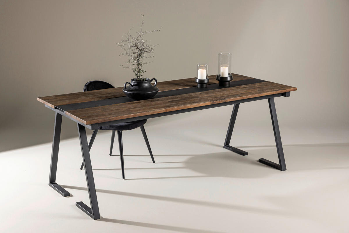 ESSTISCH Teakholz massiv Schwarz, Teakfarben  - Schwarz/Teakfarben, Design, Holz/Metall (200/90/75cm) - Livetastic