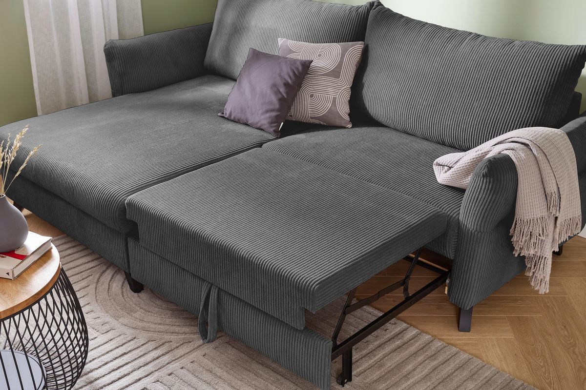 ECKSOFA in Cord Anthrazit  - Anthrazit/Schwarz, Romantik / Landhaus, Holz/Textil (245/159cm) - Stylife
