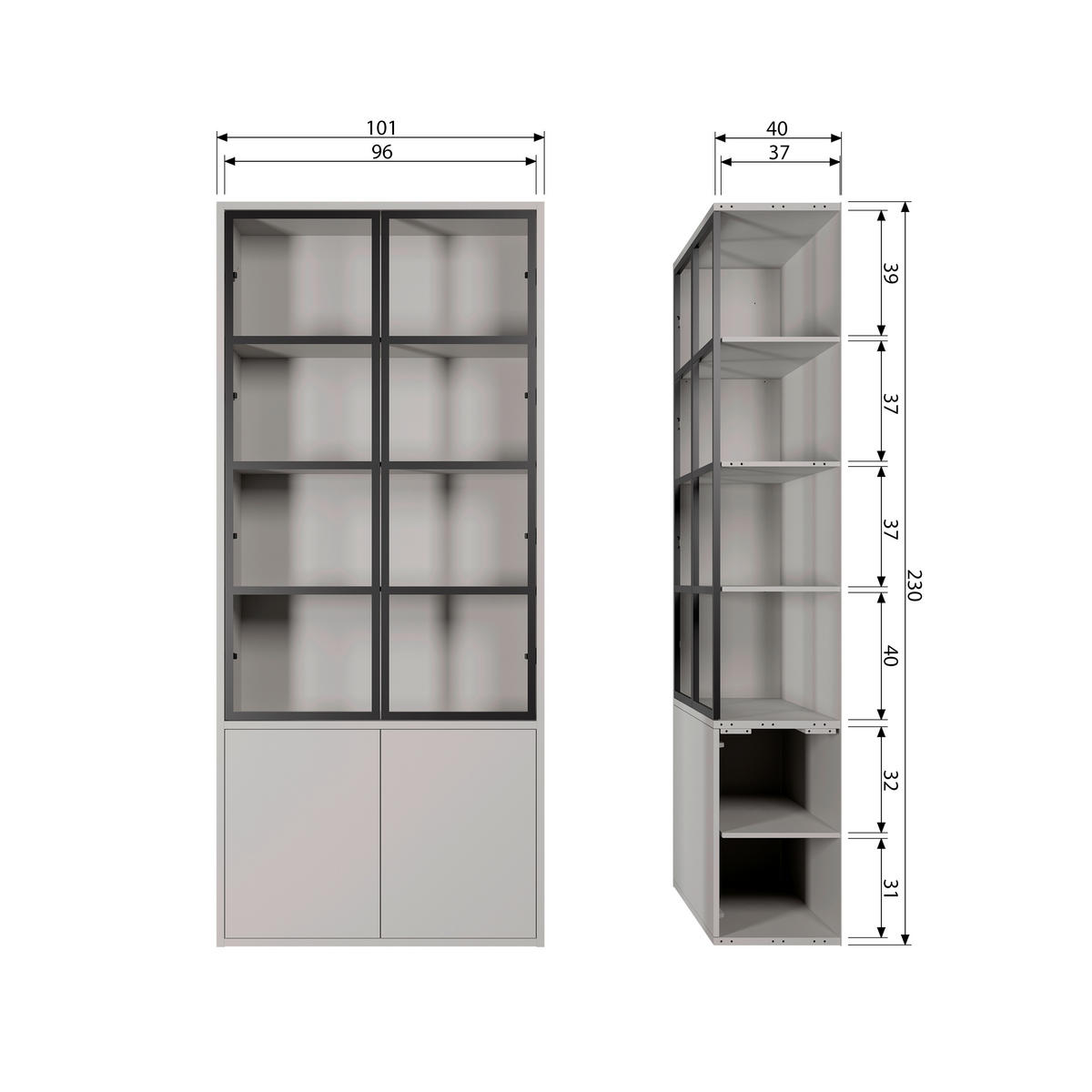 VITRINE in massiv Kiefer Grau  - Schwarz/Grau, Design, Glas/Holz (101/230/40cm) - Livetastic