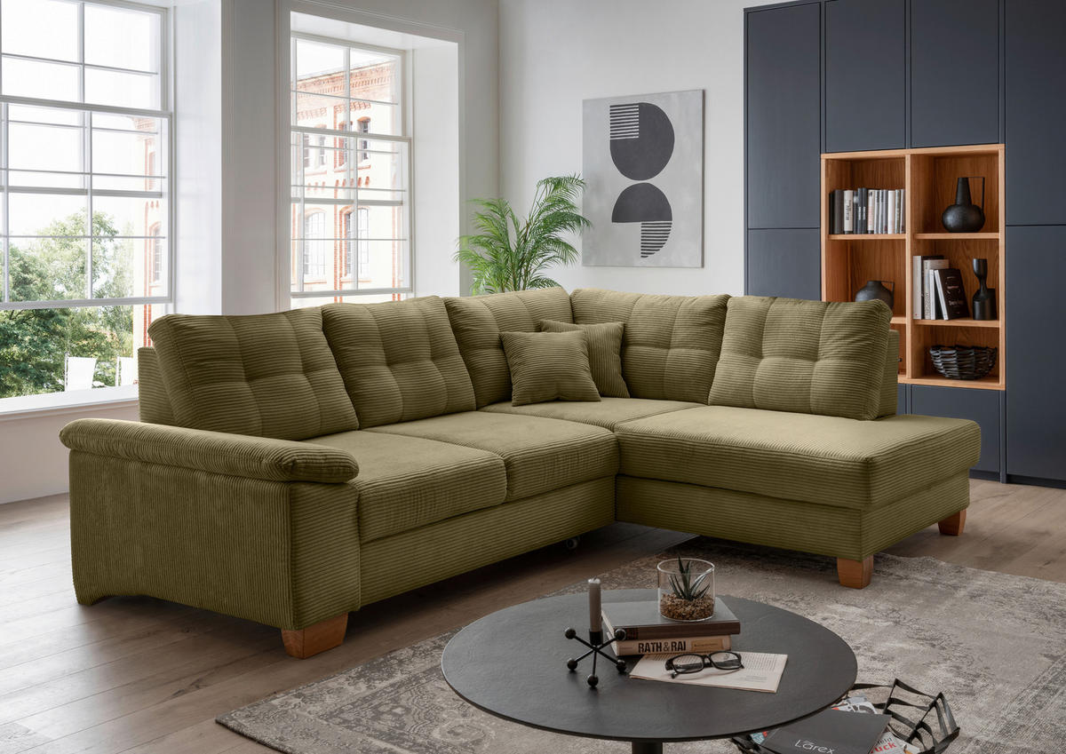 ECKSOFA in Cord Olivgrün  - Naturfarben/Olivgrün, Modern, Holz/Textil (274/206cm) - Livetastic
