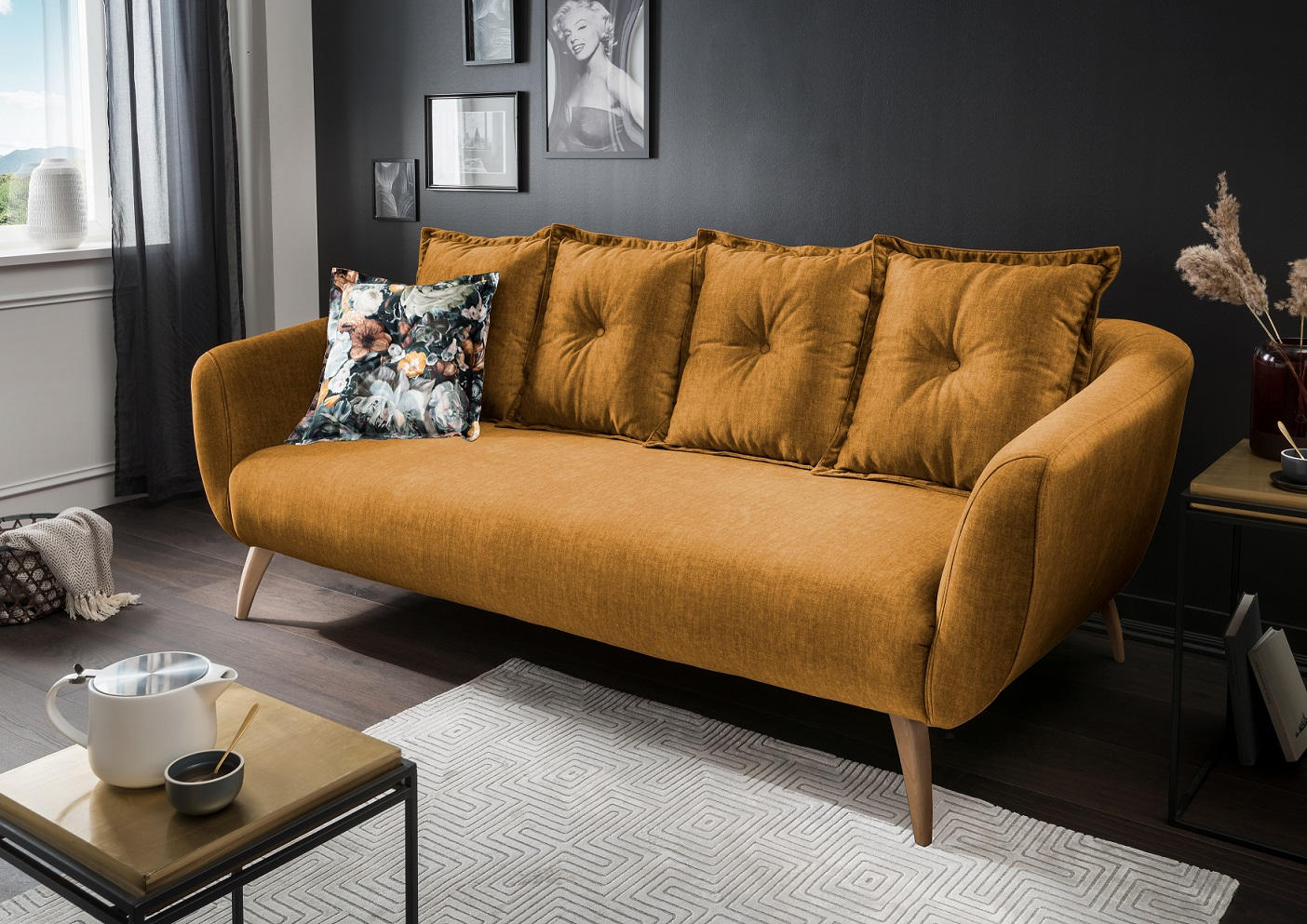 3-SITZER-SOFA in Velours Gelb, Multicolor - Gelb/Buchefarben, MODERN, Holz/Textil (236/94/103cm) - Livetastic