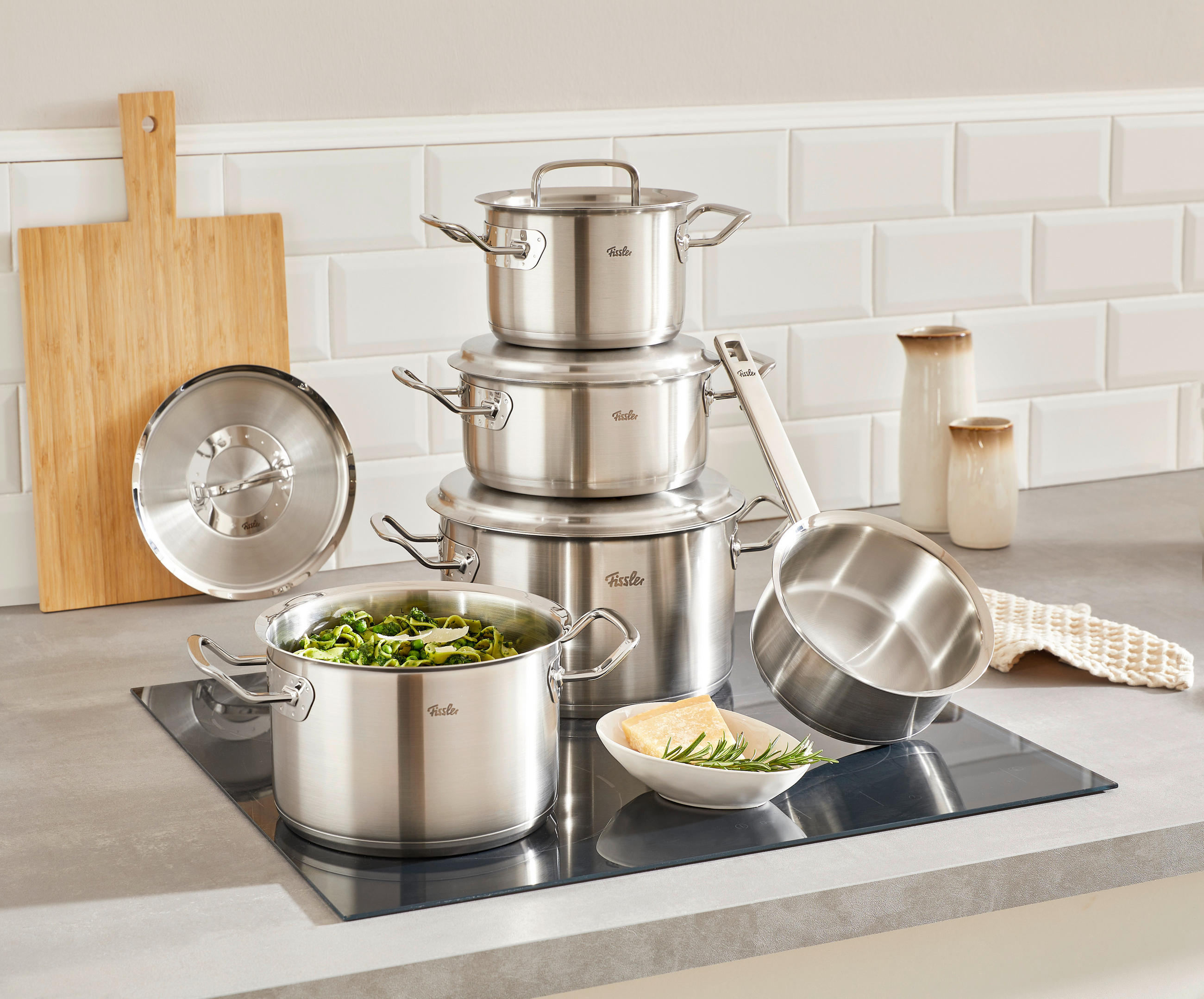 KOCHTOPFSET ORIGINAL-PROFI COLLECTION® 5-teilig  - Silberfarben, Design, Metall - Fissler