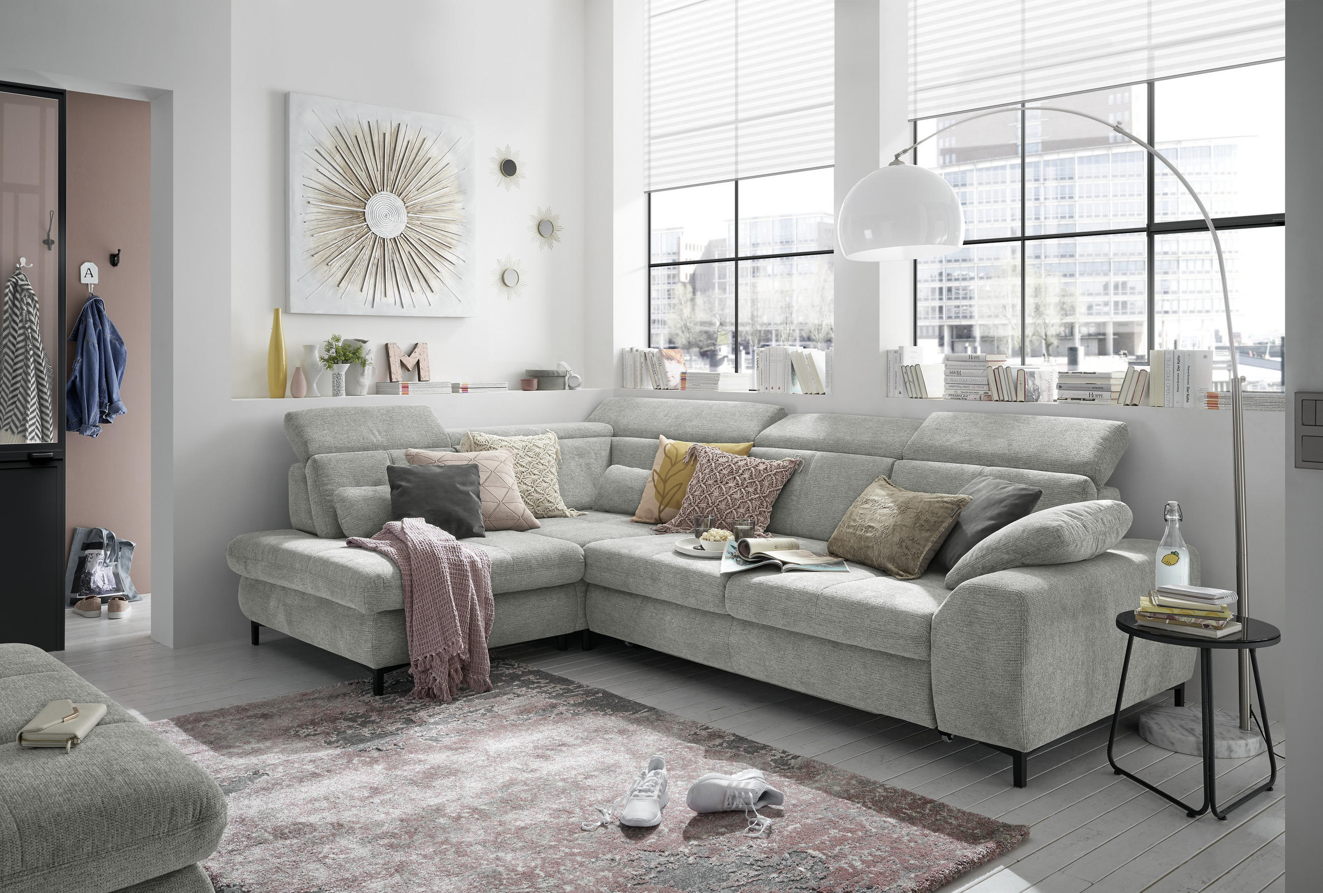 ECKSOFA Hellgrau Webstoff - Hellgrau/Schwarz, KONVENTIONELL, Textil/Metall (220/314cm) - SetOne by Musterring