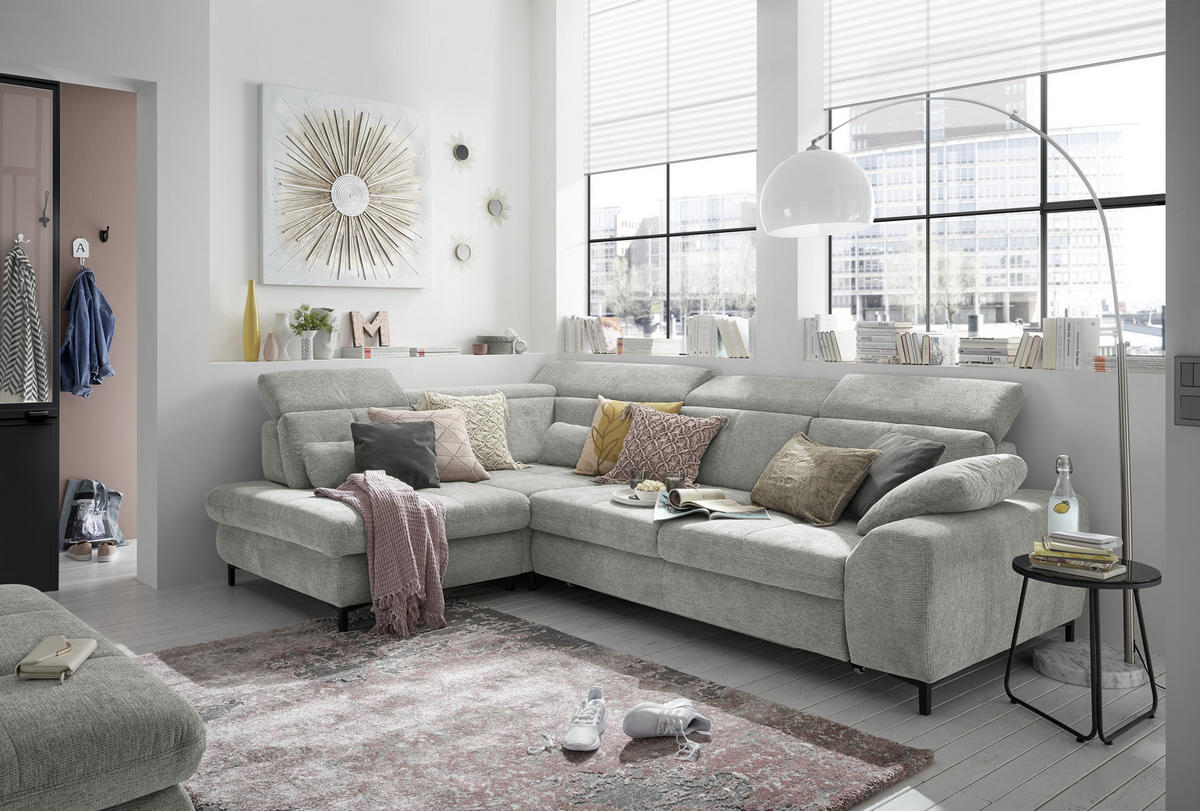 ECKSOFA Hellgrau Webstoff  - Hellgrau/Schwarz, KONVENTIONELL, Textil/Metall (220/314cm) - SetOne by Musterring