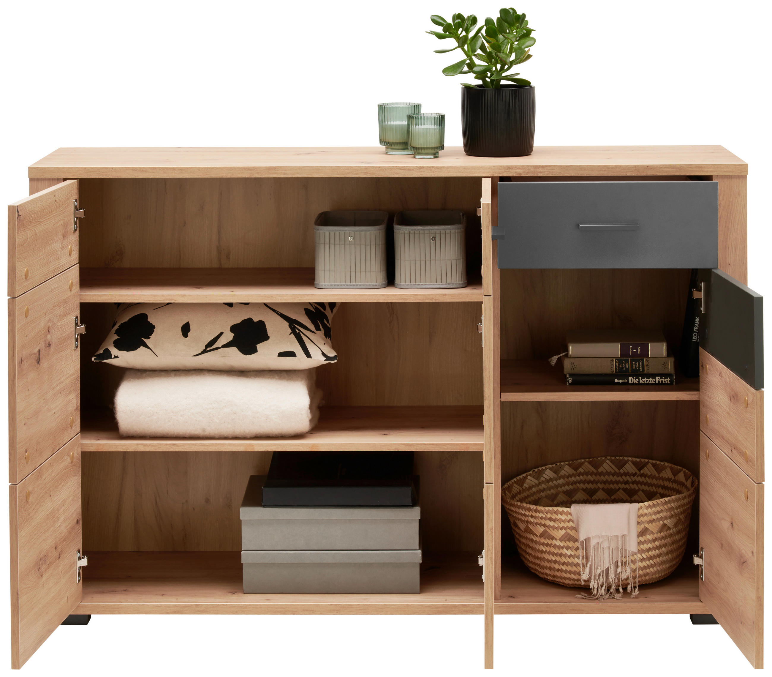 Thumbnail - Xora Sideboard, Anthrazit, Eiche Artisan, Kunststoff, 3 Fächer, 1 Schublade(n) Schubladen, 137.6x88.7x38 cm, Typenauswah...