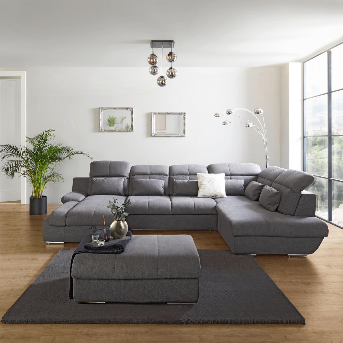 WOHNLANDSCHAFT in Mikrofaser Dunkelgrau  - Chromfarben/Dunkelgrau, Modern, Textil/Metall (184/345/228cm) - MID.YOU
