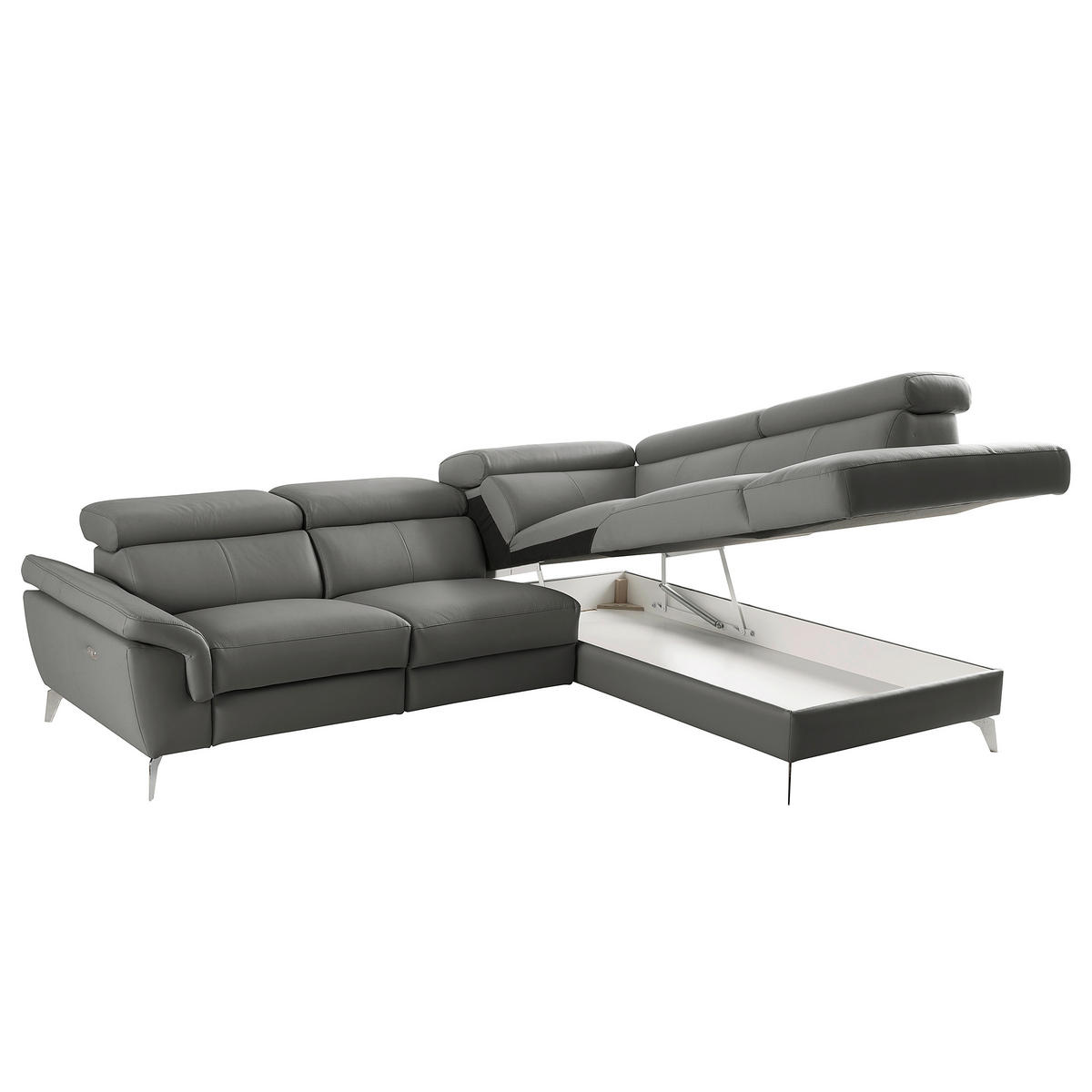 ECKSOFA Anthrazit Echtleder Lederlook Rücken echt, Armteilverstellung, Relaxfunktion, Kopfteilverstellung  - Chromfarben/Anthrazit, Design, Leder/Textil (252/179cm) - Livetastic