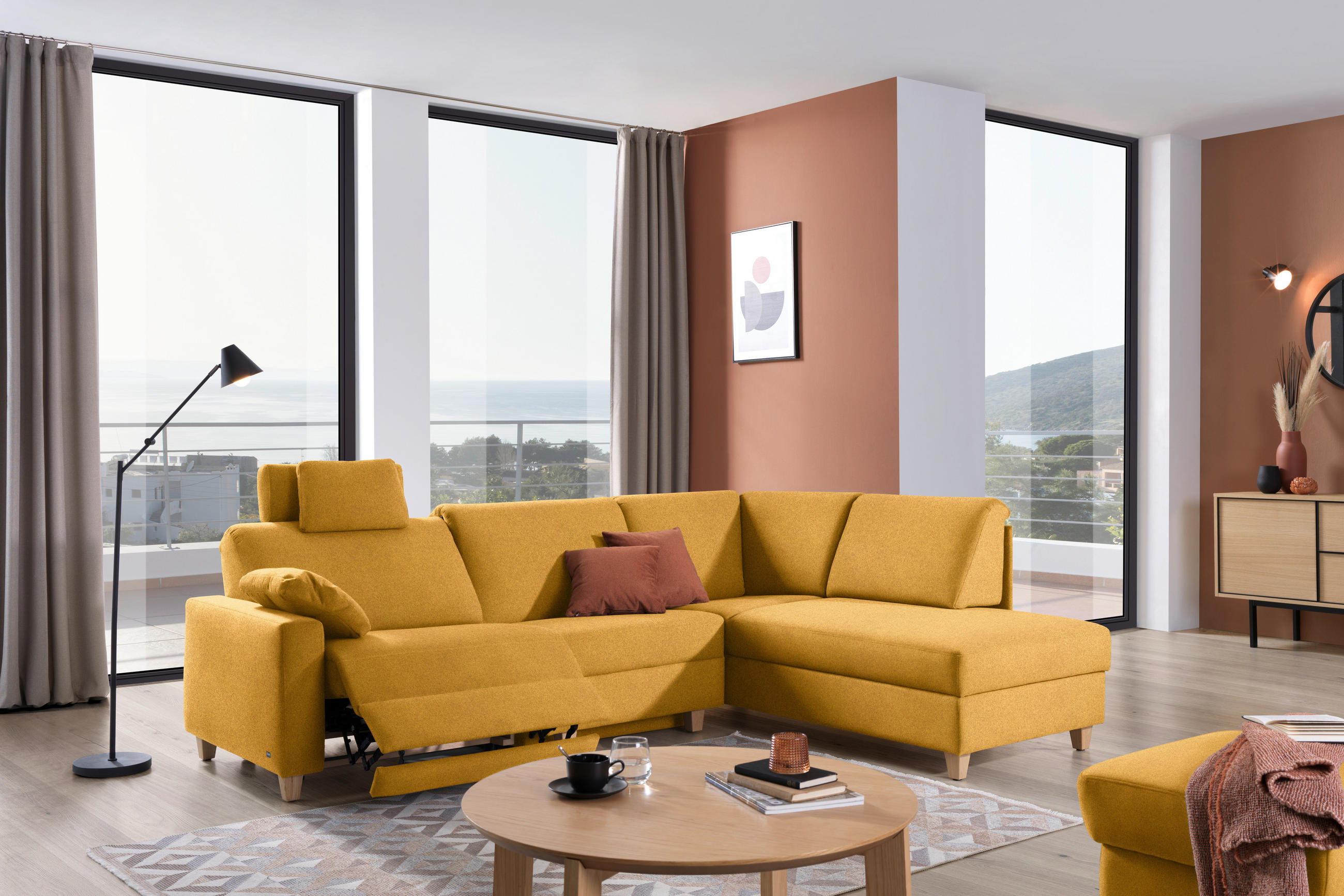ECKSOFA in Flachgewebe Senfgelb  261/203 cm  - Eichefarben/Senfgelb, KONVENTIONELL, Holz/Textil (261/203cm) - Sedda