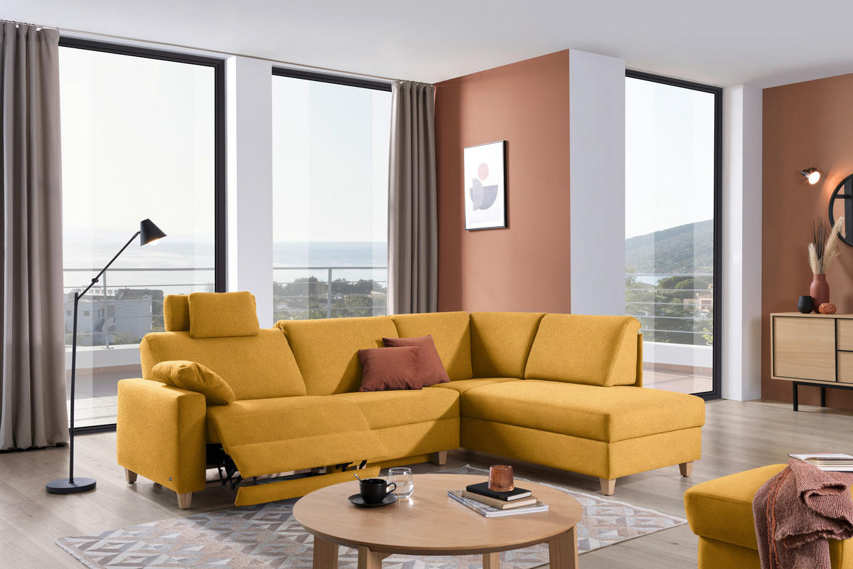 ECKSOFA in Flachgewebe Senfgelb  261/203 cm  - Eichefarben/Senfgelb, KONVENTIONELL, Holz/Textil (261/203cm) - Sedda