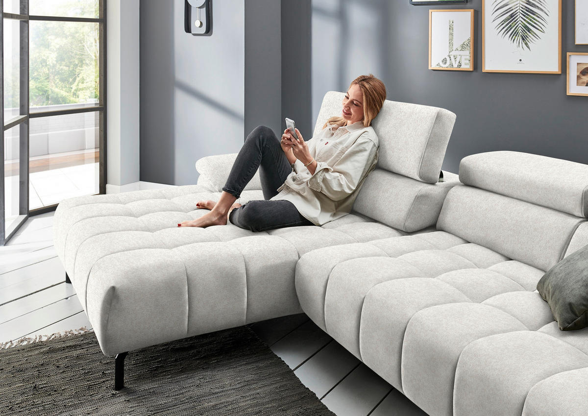 ECKSOFA in Chenille Beige  - Beige/Schwarz, Design, Textil/Metall (190/329cm) - Beldomo Style