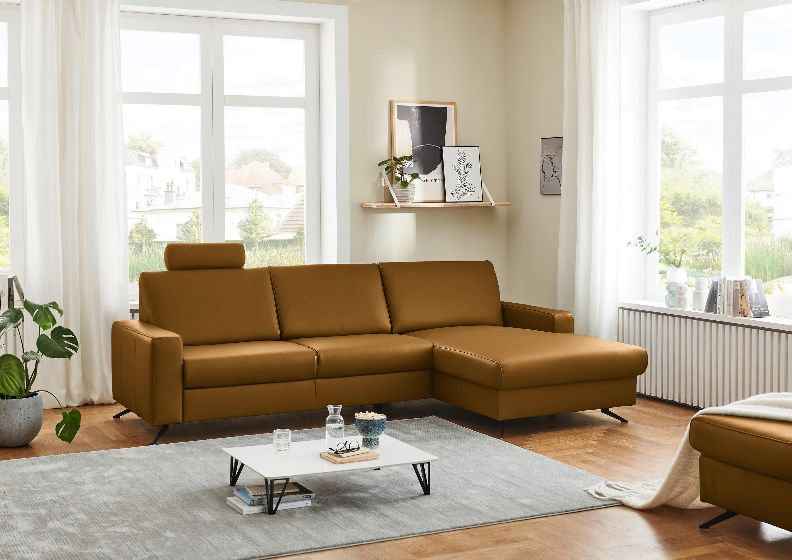 ECKSOFA in Echtleder Currygelb  267/165 cm  - Currygelb/Schwarz, Design, Leder/Metall (267/165cm) - Lomoco