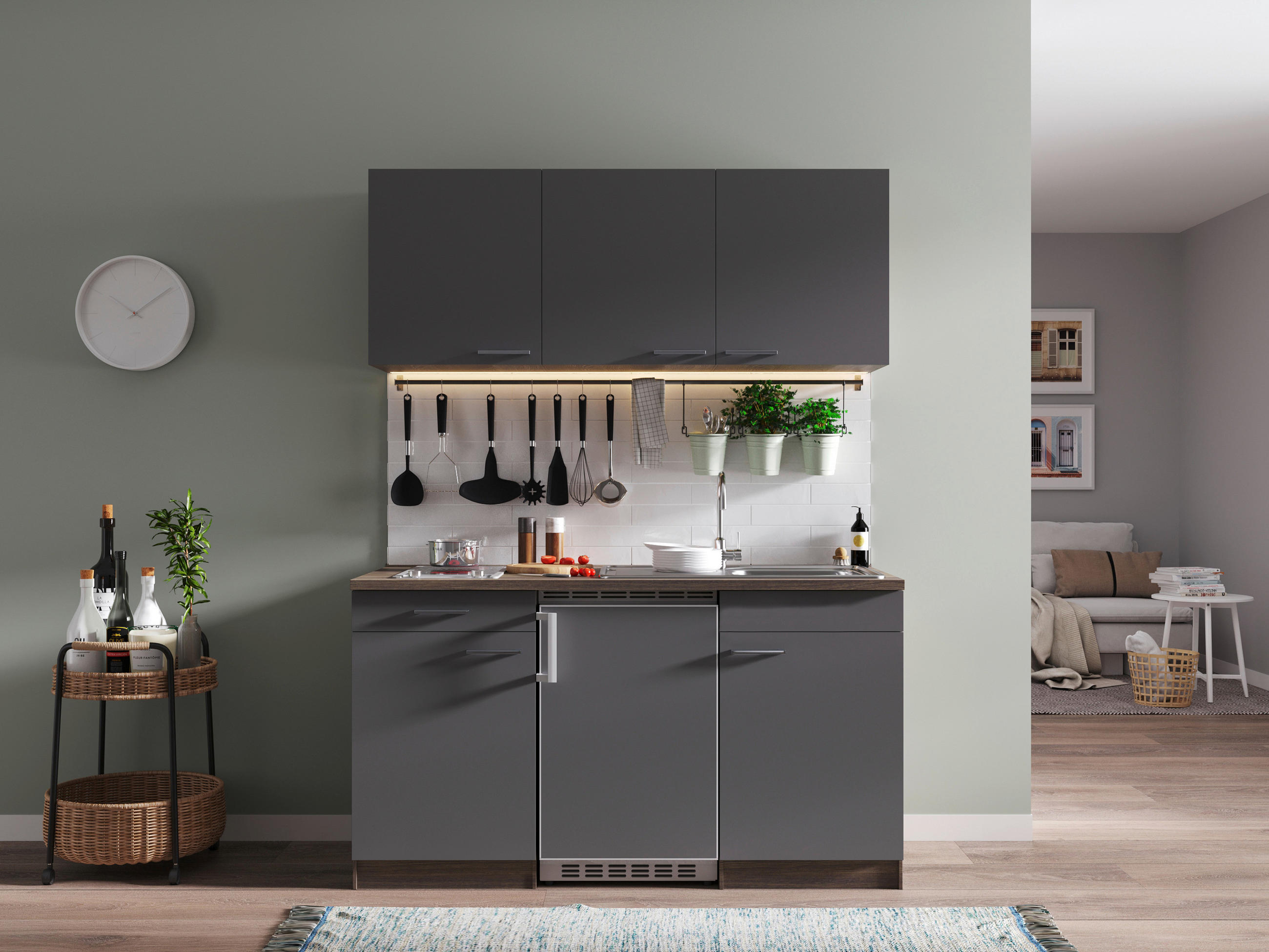 MINIKÜCHE Oliver 150 cm  in Grau  - Eichefarben/Alufarben, Basics, Holzwerkstoff/Kunststoff (150cm) - Respekta