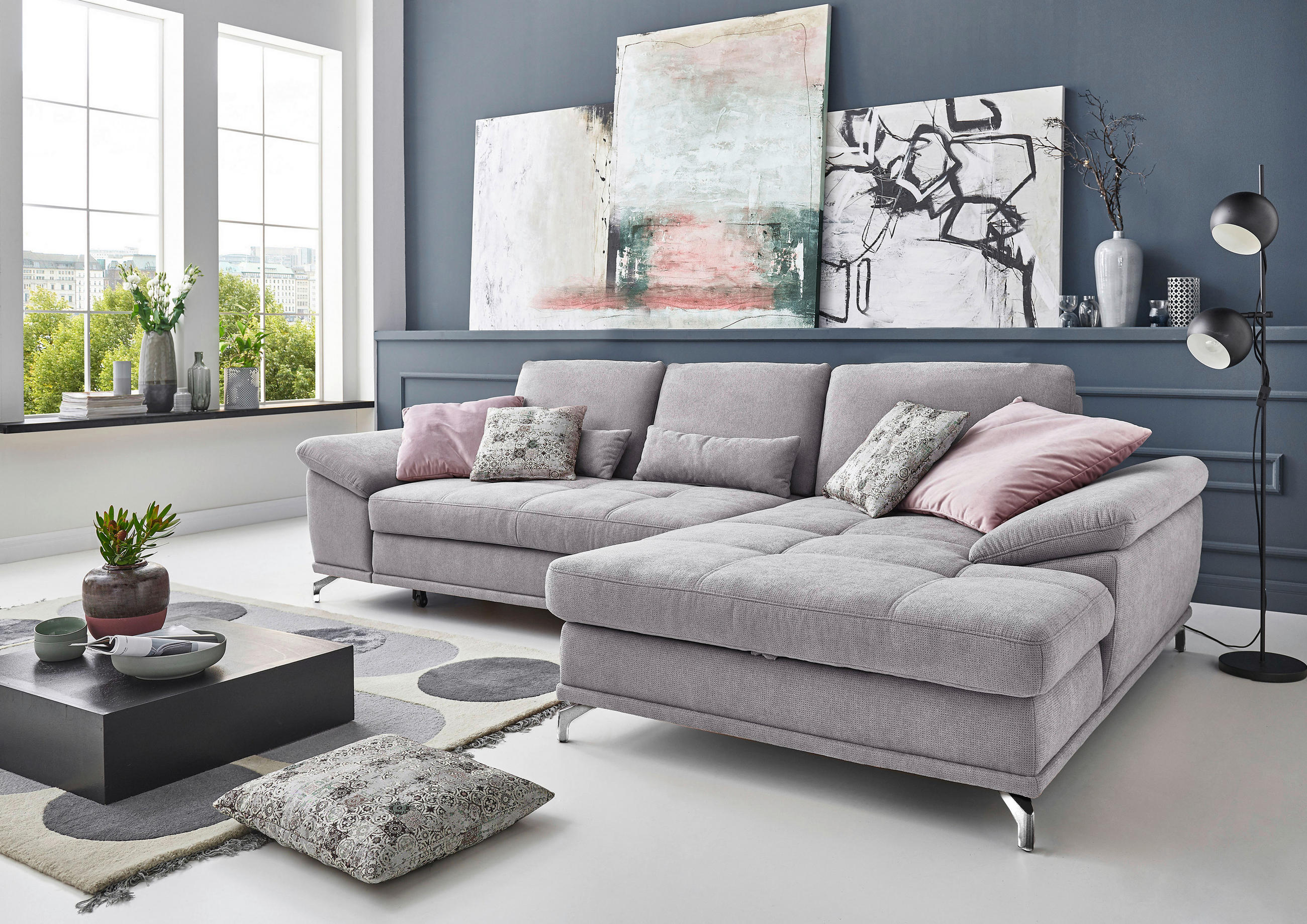 ECKSOFA in Flachgewebe Silberfarben  - Silberfarben, Konventionell, Textil/Metall (301/176cm) - Sit & More