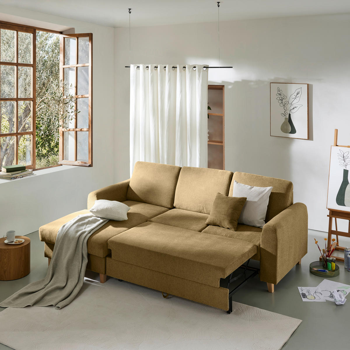 HÖRNSOFFA i flatväv honung  - honung/bokfärgad, Klassisk, trä/textil (166/241cm) - MID.YOU