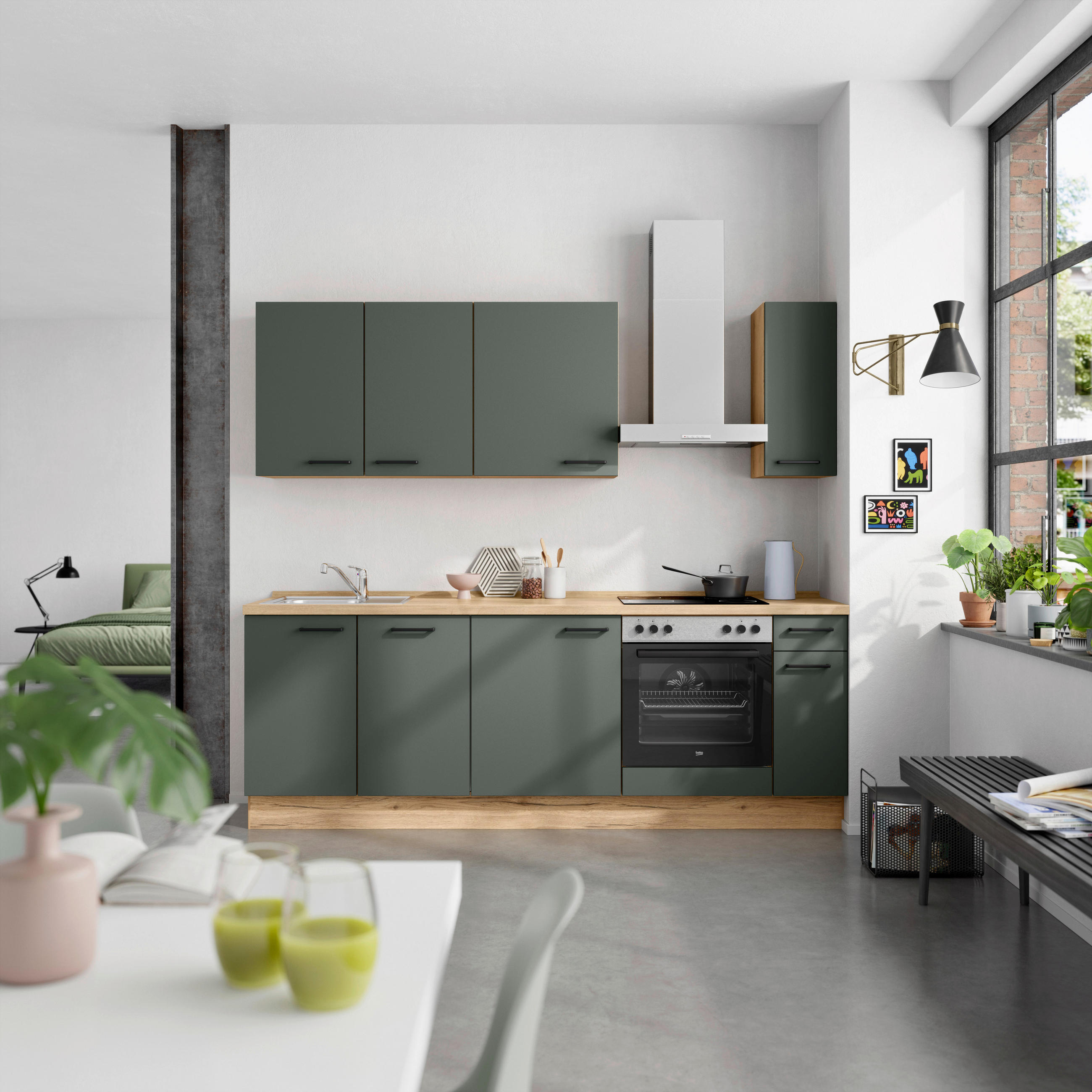 KÜCHENBLOCK 240 cm   in Eichefarben, Dunkelgrün  - Dunkelgrün/Eichefarben, MODERN, Holzwerkstoff/Metall (240cm) - Nobilia