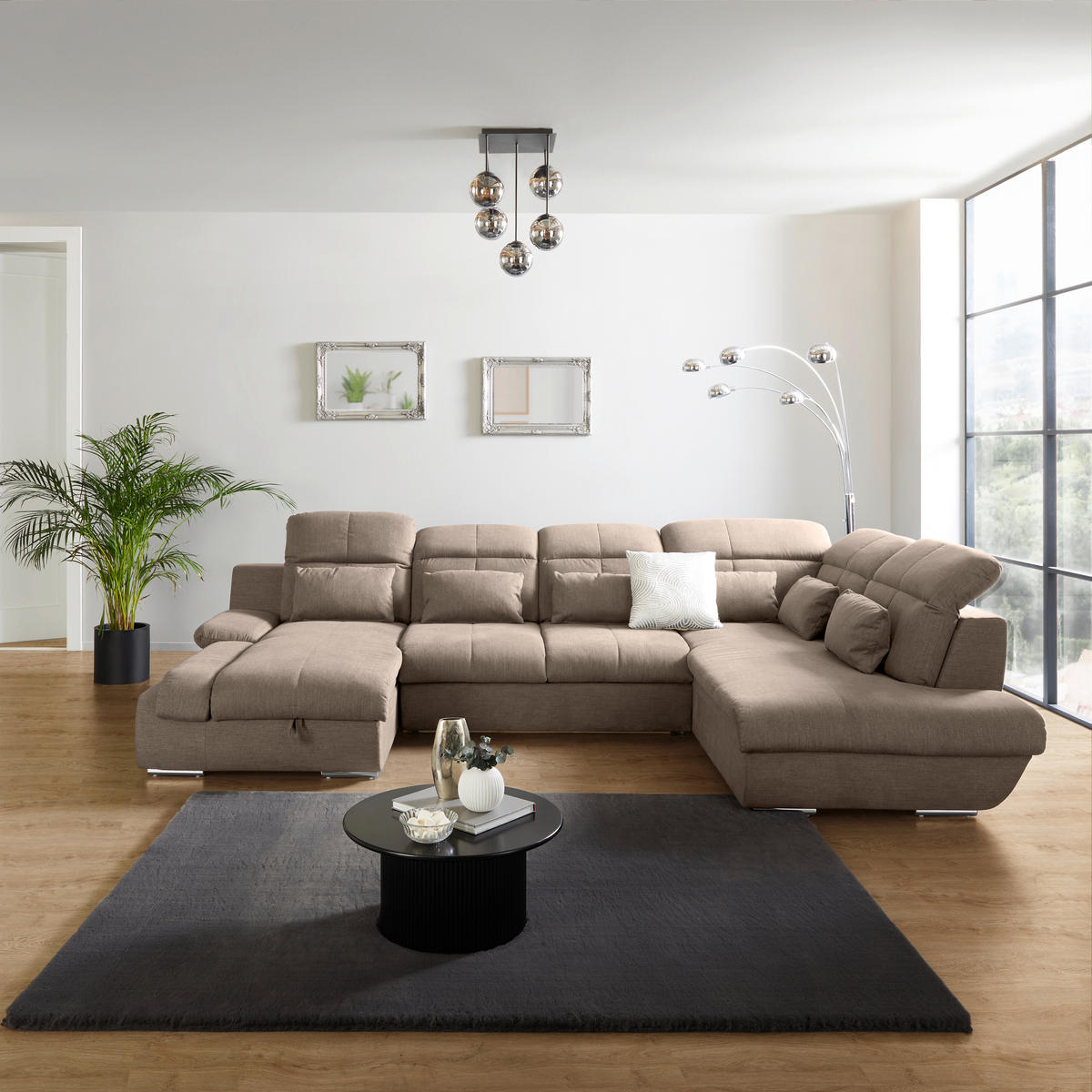 WOHNLANDSCHAFT Beige Mikrofaser  - Chromfarben/Dunkelgrau, MODERN, Textil/Metall (184/345/228cm) - MID.YOU