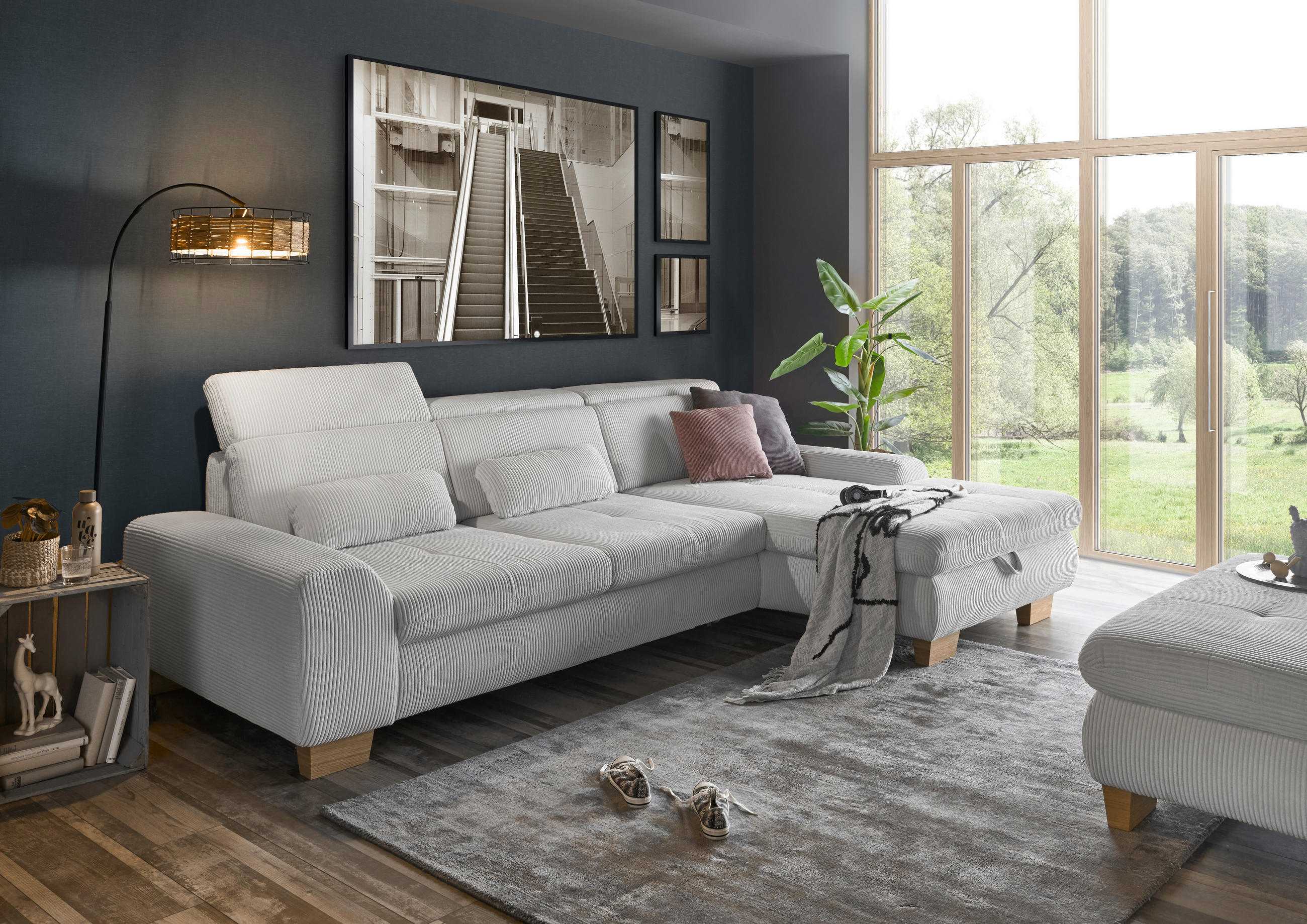 ECKSOFA Silberfarben Cord  - Eiche Bianco/Silberfarben, KONVENTIONELL, Holz/Textil (307/195cm) - SetOne by Musterring