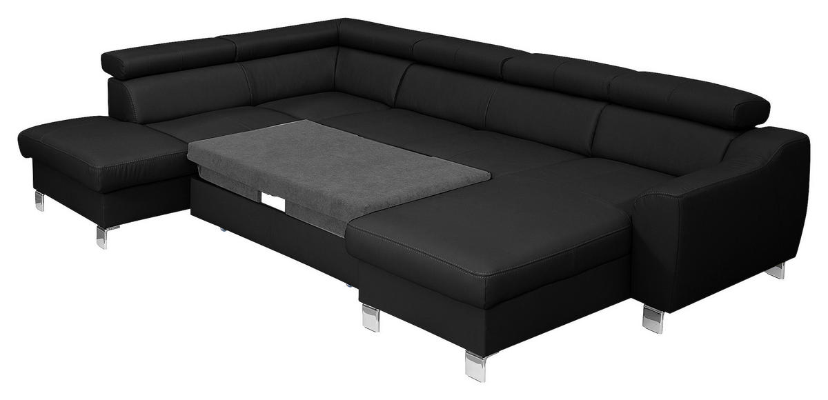 WOHNLANDSCHAFT in Lederlook Echtleder Schwarz  - Chromfarben/Schwarz, Design, Leder/Textil (208/315/175cm) - Livetastic
